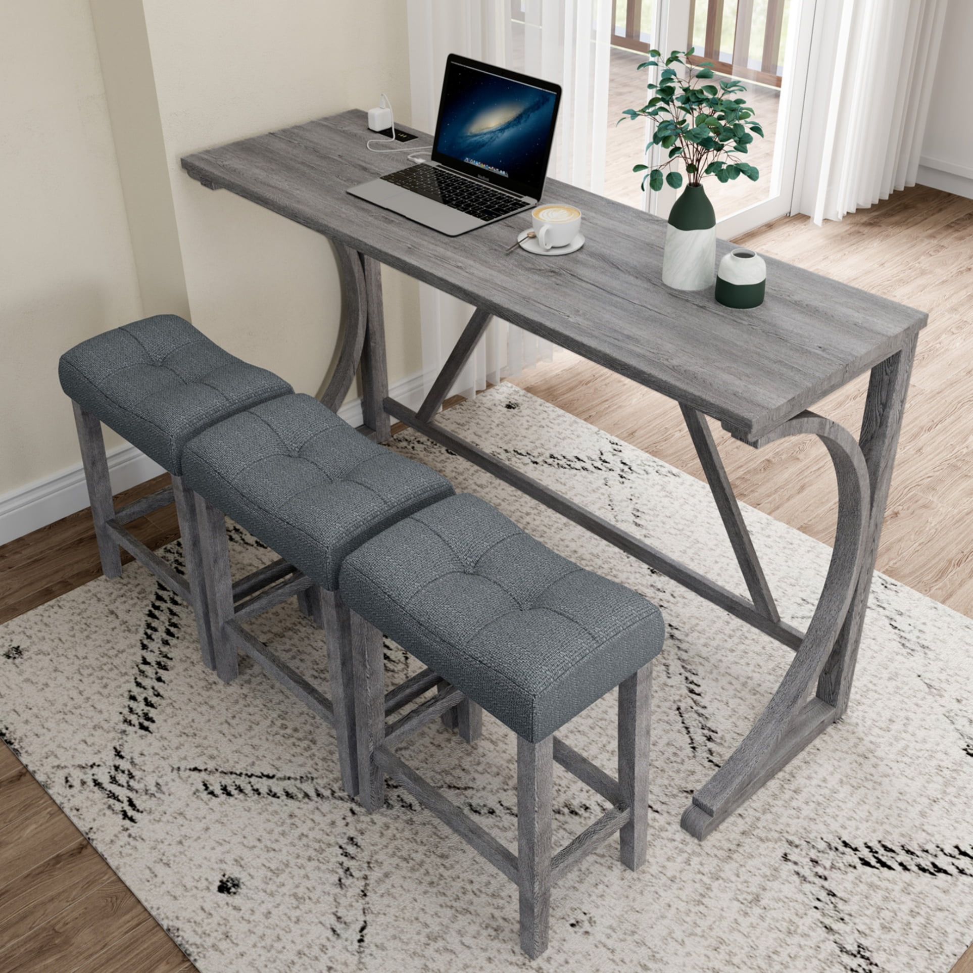 Aukfa Kitchen Dining Table Set for 3,Bar Table Set with Power Outlet,Industrial Breakfast Table Set,Gray