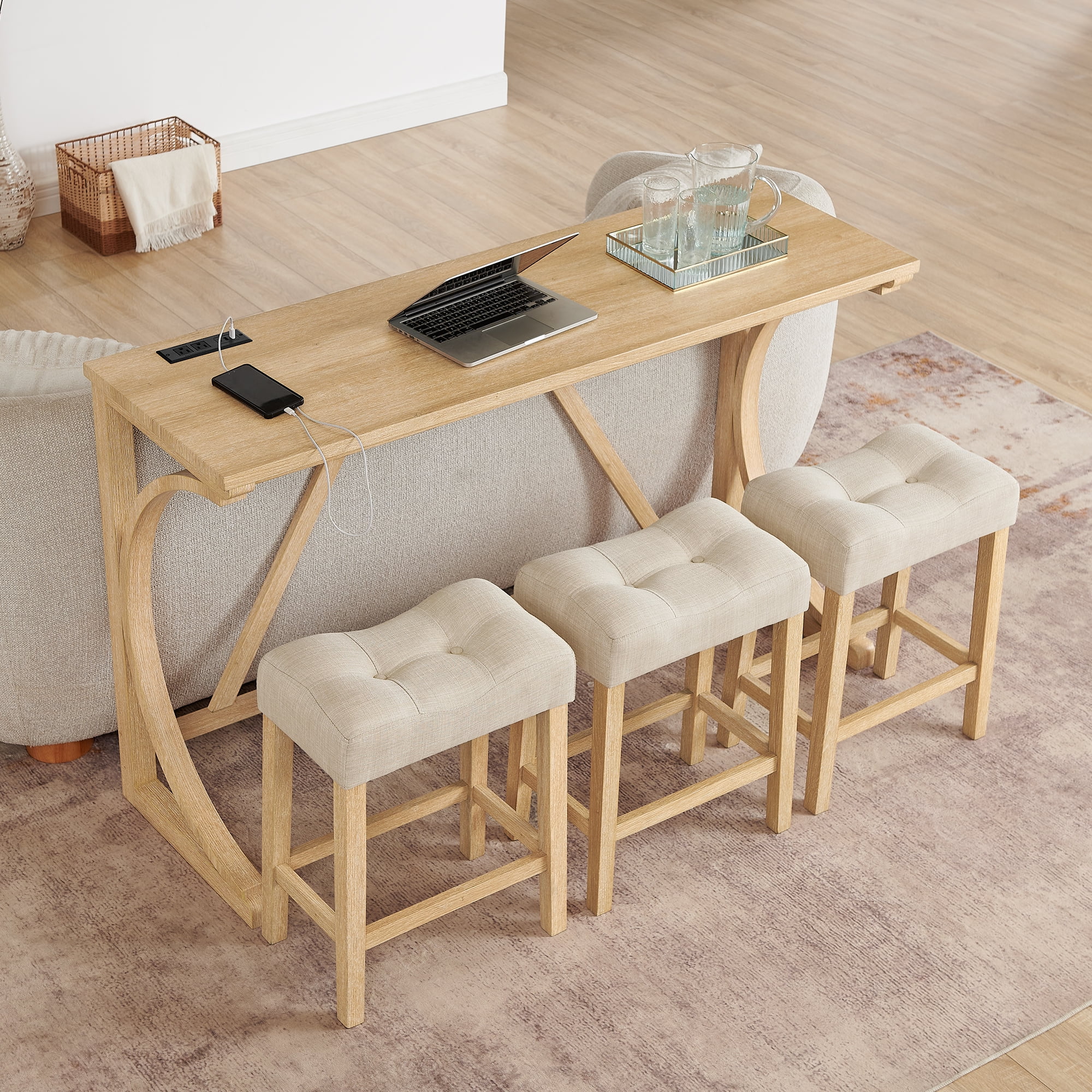 Aukfa Kitchen Dining Table Set for 3,Bar Table Set with Power Outlet,Industrial Breakfast Table Set,Oak