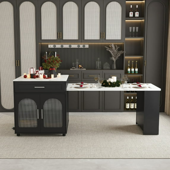 Aukfa Kitchen Islands with Extendable Dining Table,Mobile Retractable Kitchen Table with Power Outlets & USB Ports for Kitchen, Breakfast Bar,Black
