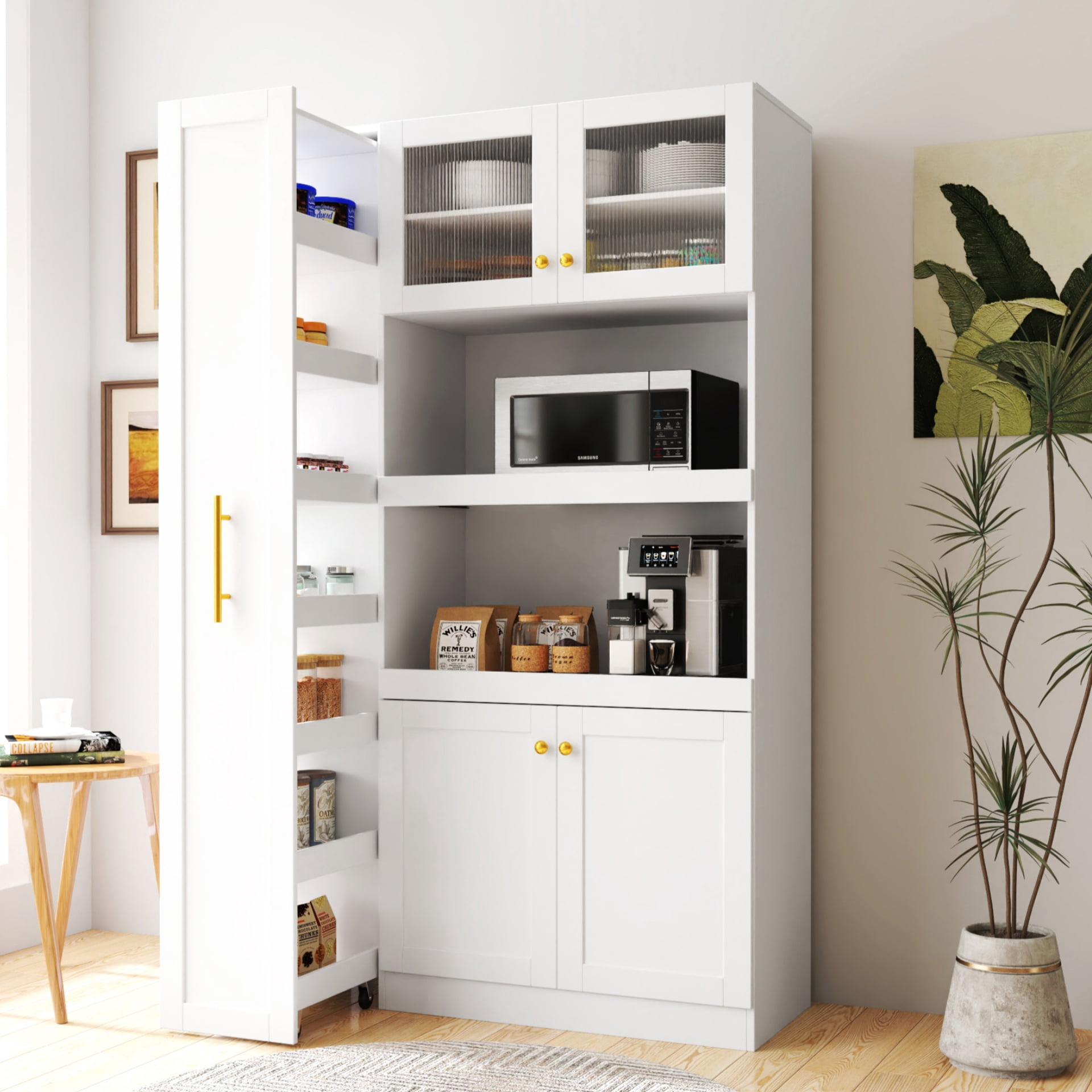 Aukfa Kitchen Pantry Cabinet with Expandable Pull-Out Organizers,Multi-Tier Storage Cabinet for Kitchen/Dining Room/Office,White