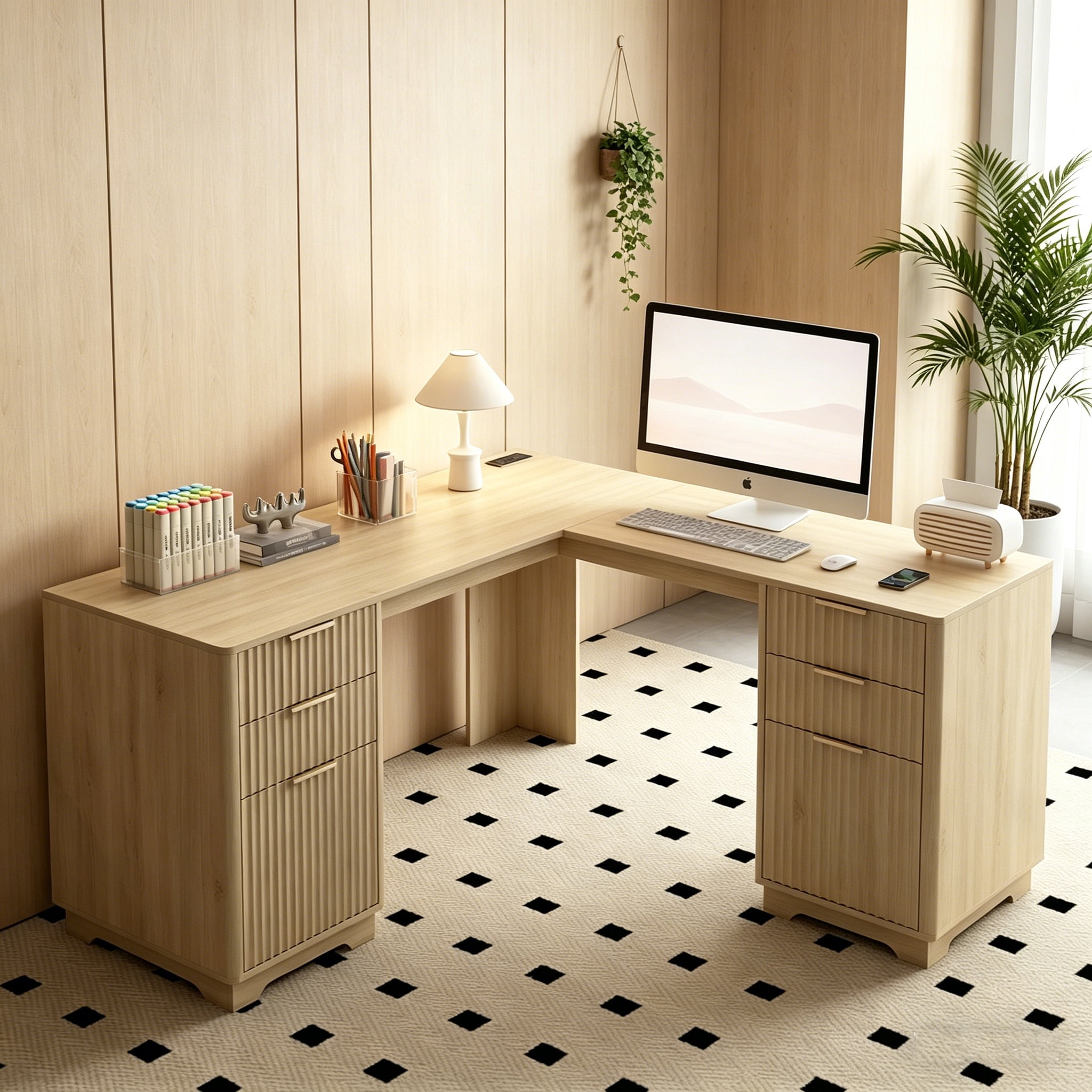 Aukfa L-Shaped Computer Desk, 2-in-1 Corner Desk with Charging Station & Storage Cabinet for Home Office,Natural