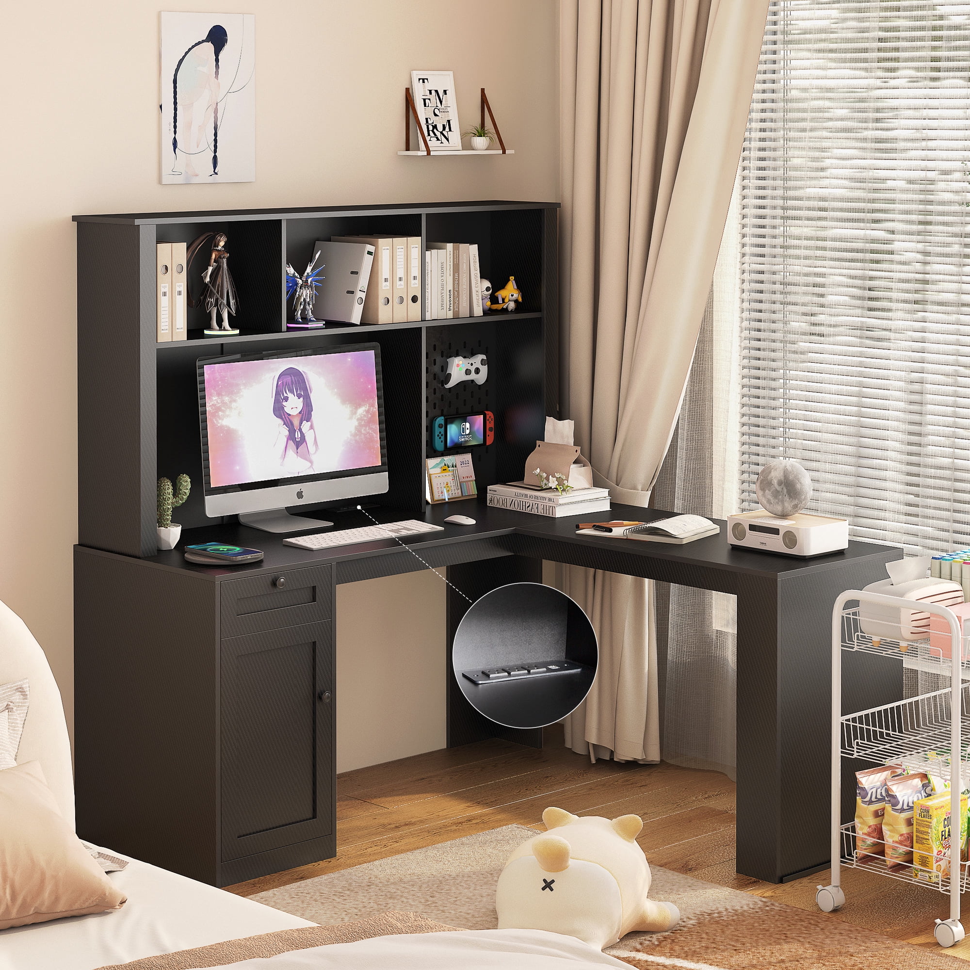 Aukfa L Shaped Computer Desk with Hutch & Power Outlets,Writing Desk Home Office Desk,Black