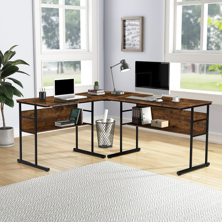 Aukfa L Shaped Home Office Computer Desk with Bottom Bookshelves