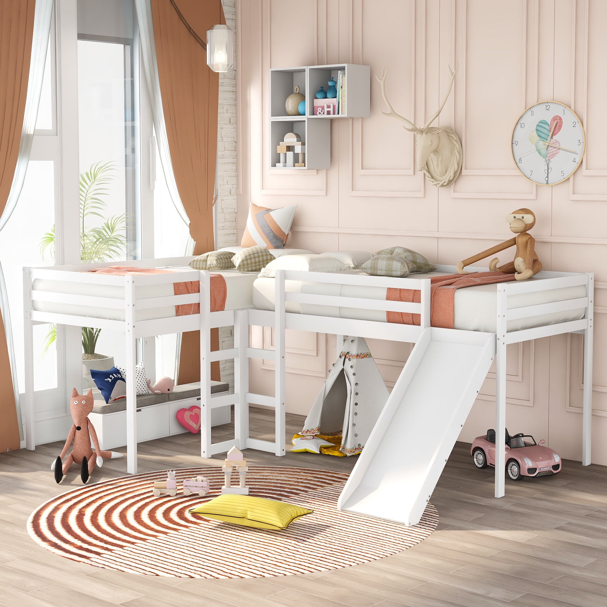 Aukfa LShaped Loft Bed, Modern Twin Wood Loft Bed for Kids, Toddler