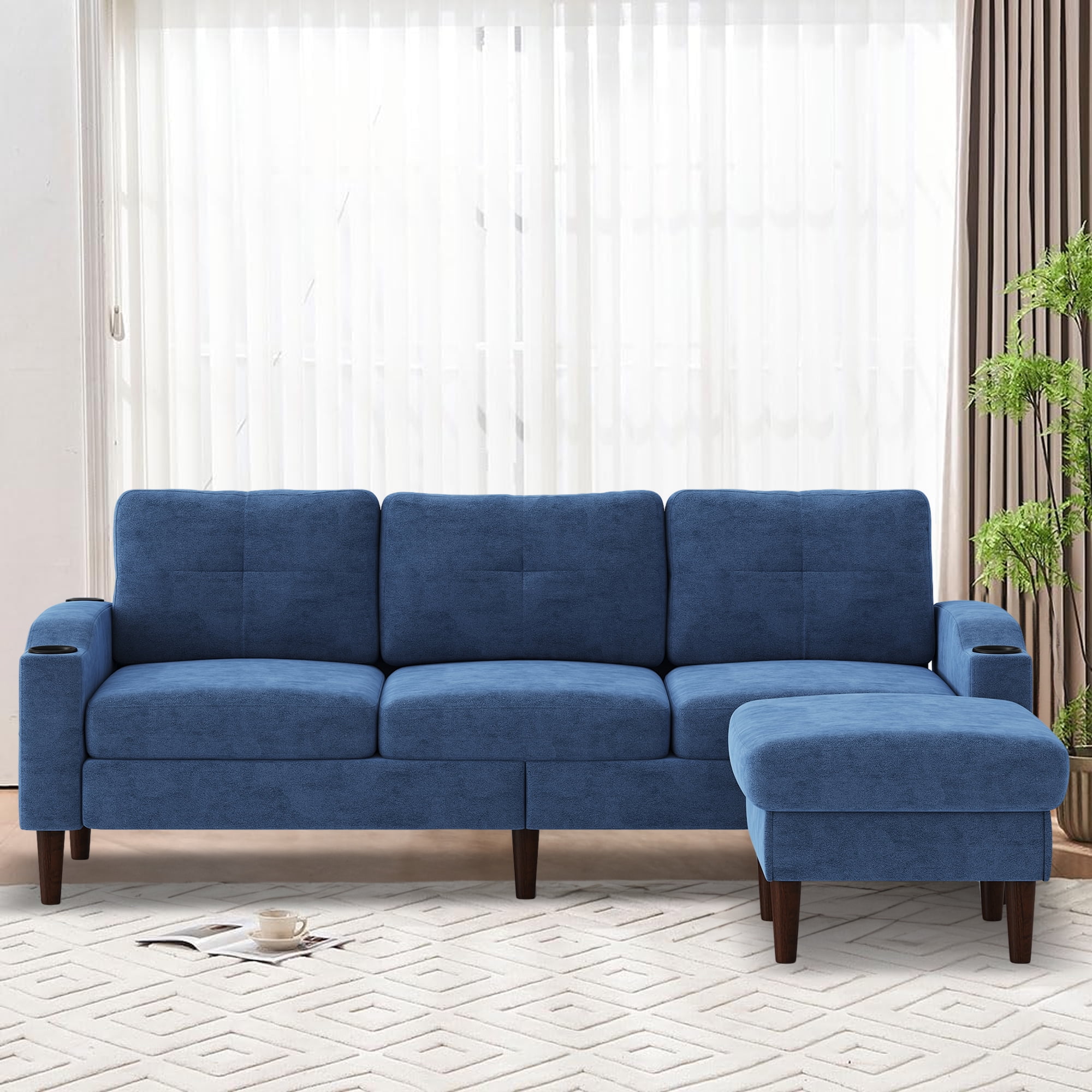 Aukfa L Shaped Sectional Sofa with USB Ports and Cup Holders, 78" 3 Seater Couch with Storage Ottoman, Blue