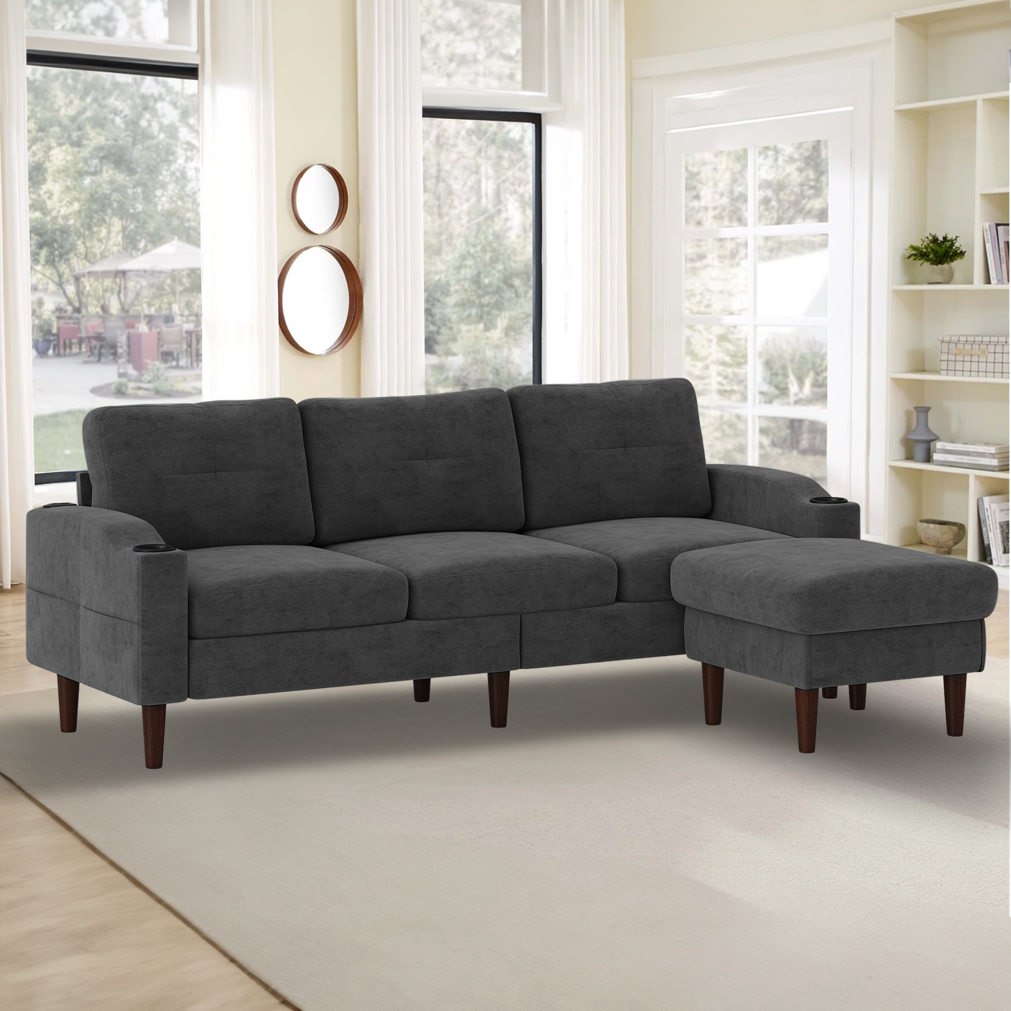 Aukfa L Shaped Sectional Sofa with USB Ports and Cup Holders, 78" 3 Seater Couch with Storage Ottoman, Dark Gray