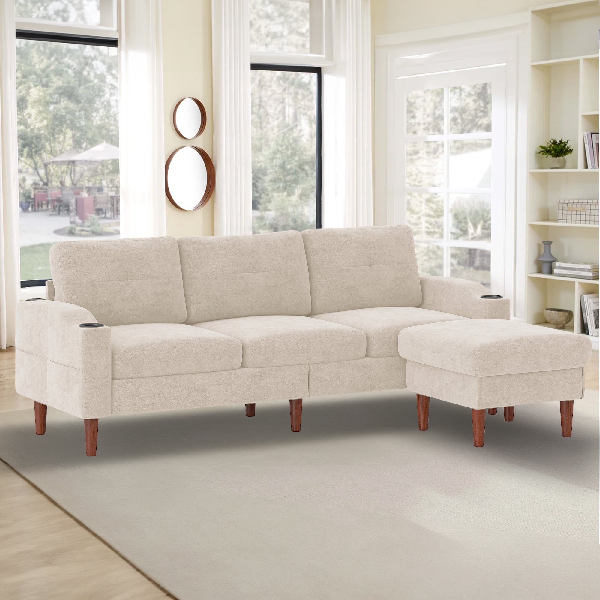 Aukfa L Shaped Sectional Sofa with USB Ports and Cup Holders, 78" 3 Seater Couch with Storage Ottoman, Beige