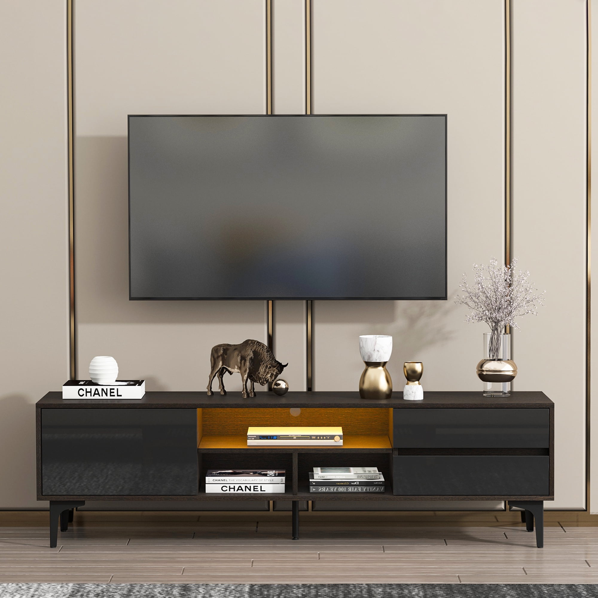 Aukfa LED TV Stand for TV up to 65" 70",UV Entertainment Center for Living Room Office, Black
