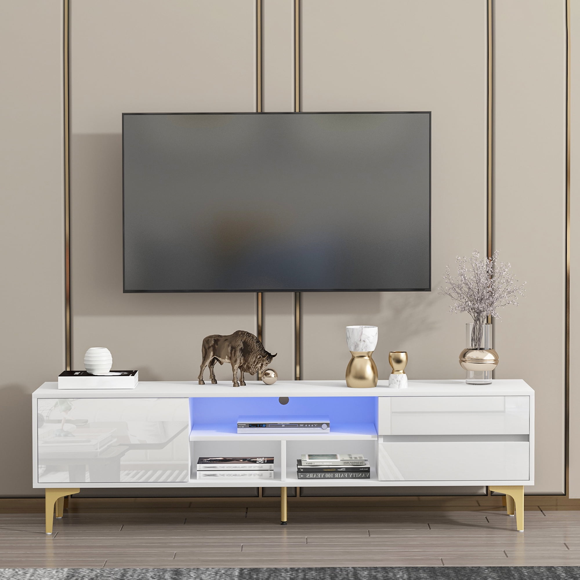 Aukfa LED TV Stand for TV up to 65" 70",UV Entertainment Center for Living Room Office, White