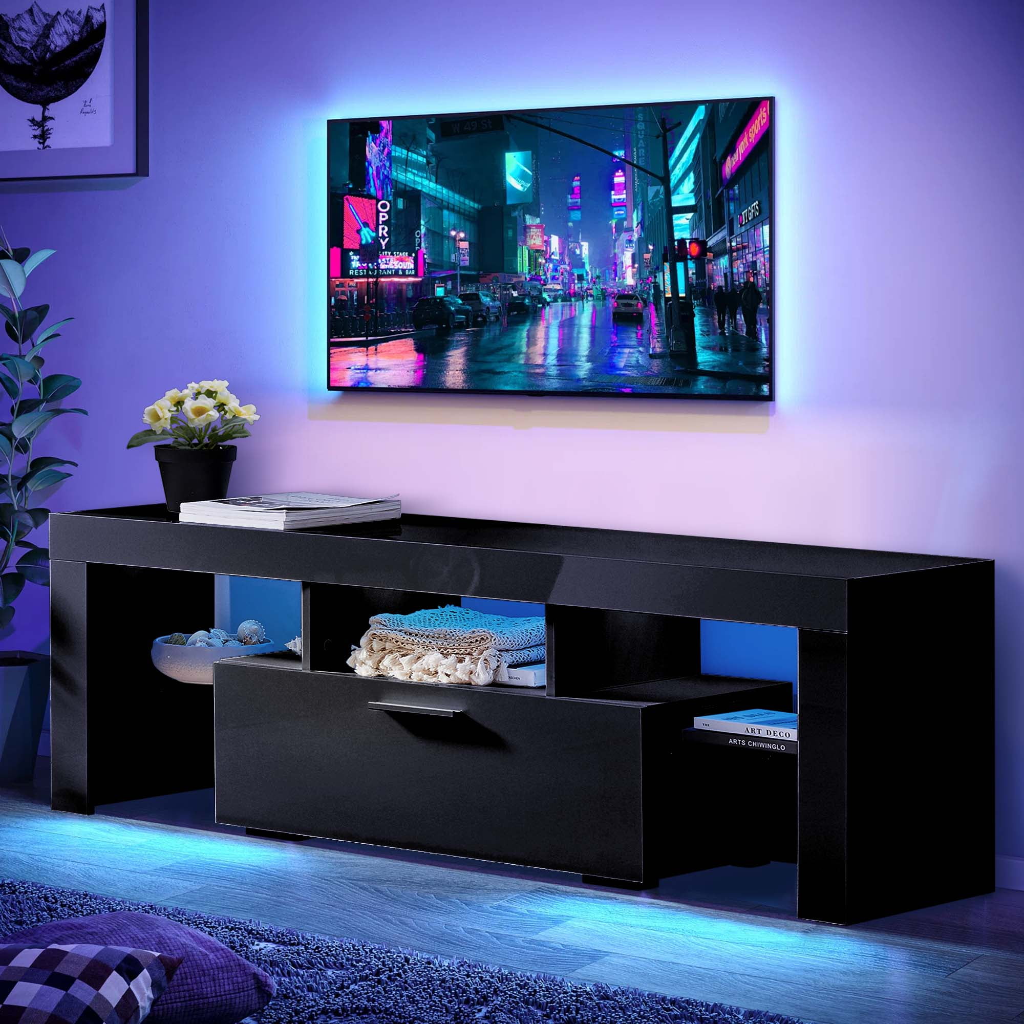 Aukfa LED  TV Stand for TVs up to 60", Storage TV Cabinet for Living Room - Black