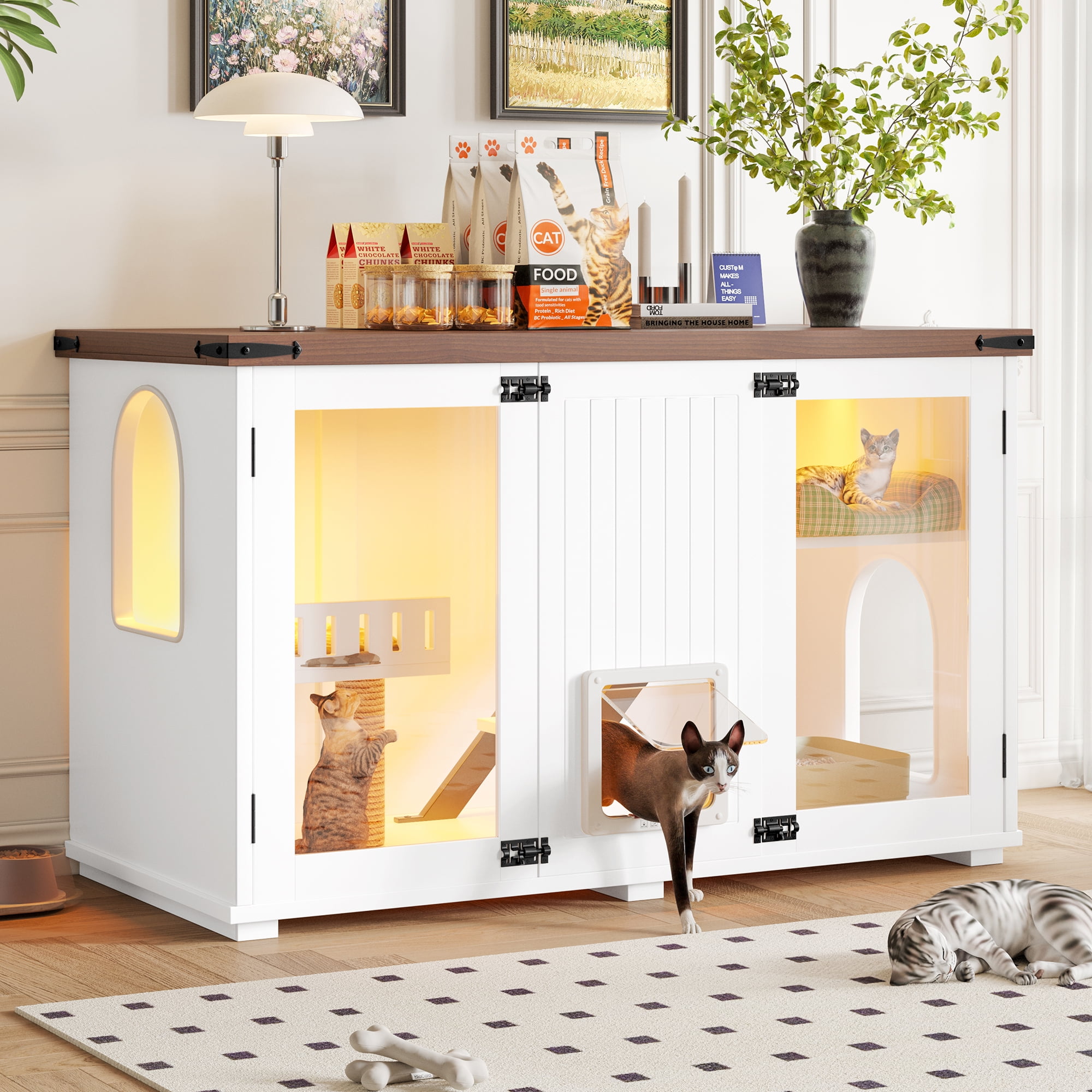 Aukfa Large Cat Litter Box Enclosure with LED Light and Cat Scratching Post for Living Room,White