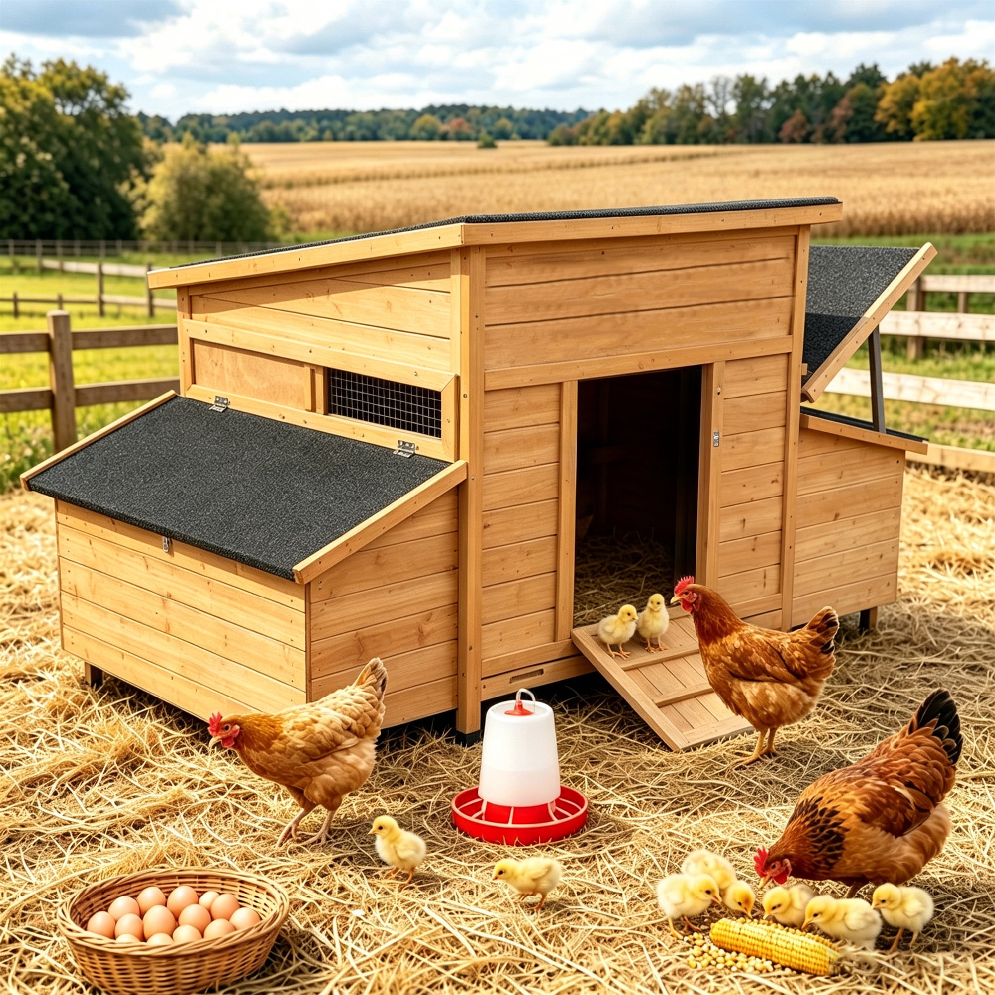 Aukfa Large Chicken Coop Wooden 6 Nesting Boxes Chicken Cage for Outdoor, Backyard, Brown