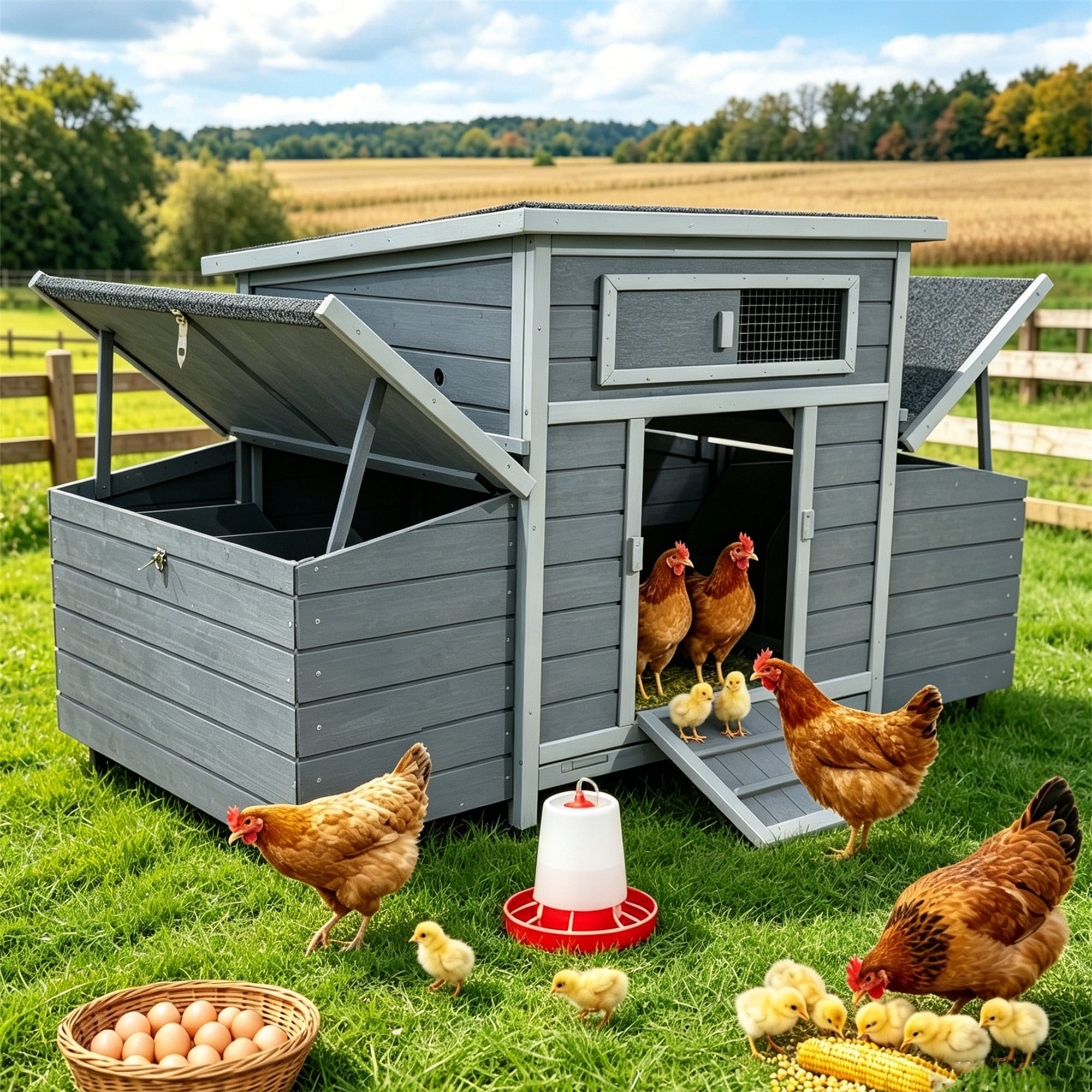 Aukfa Large Chicken Coop Wooden 6 Nesting Boxes Chicken Cage for Outdoor, Backyard, Dark Gray