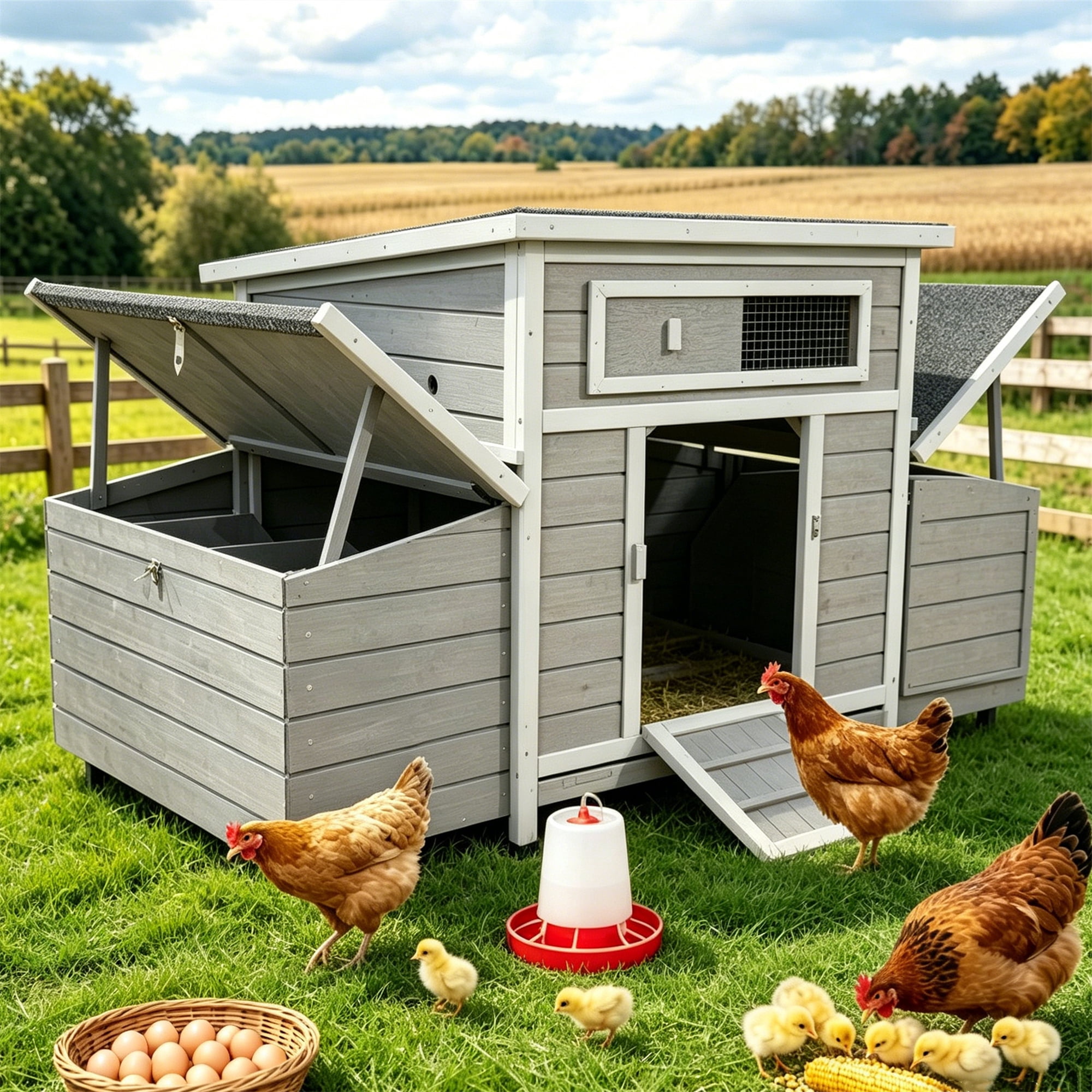 Aukfa Large Chicken Coop Wooden 6 Nesting Boxes Chicken Cage for Outdoor, Backyard, Gray
