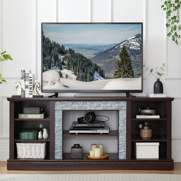 Aukfa Large TV Stand for TVs up to 75" with Faux Stacked Stone Surround for Living Room, Cherry