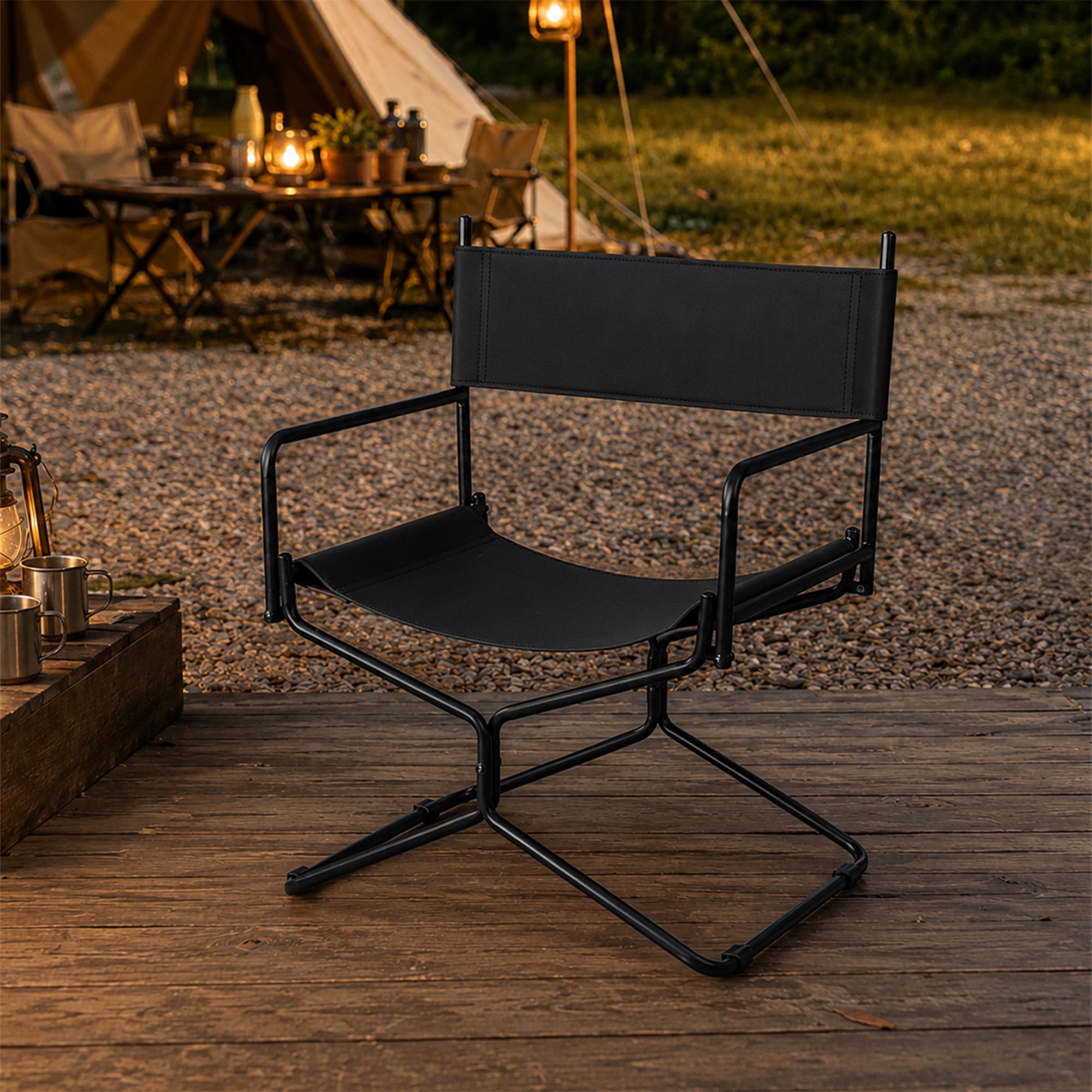 Aukfa Leather Folding Director Chair, Portable Outdoor Chair for Patio Camping, Black