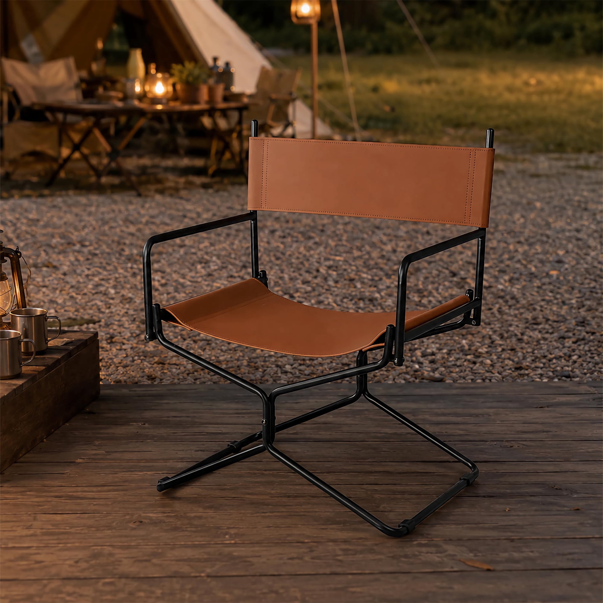 Aukfa Leather Folding Director Chair, Portable Outdoor Chair for Patio Camping, Matte Brown