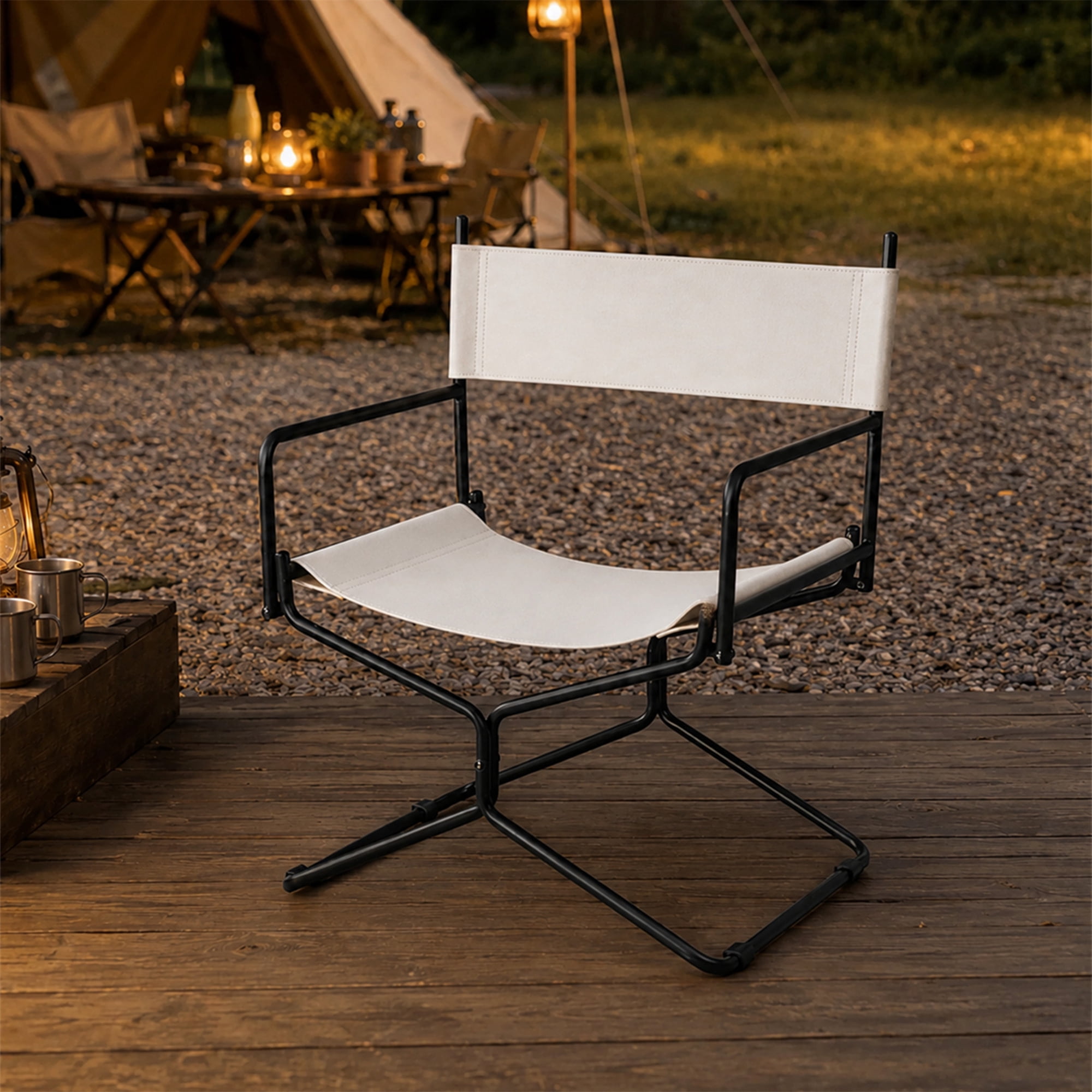 Aukfa Leather Folding Director Chair, Portable Outdoor Chair for Patio Camping, White