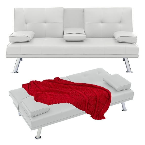 Aukfa Leather Futon Convertible Sofa Bed, Loveseat Couch for Home Office, 2 Cup Holders, Beige