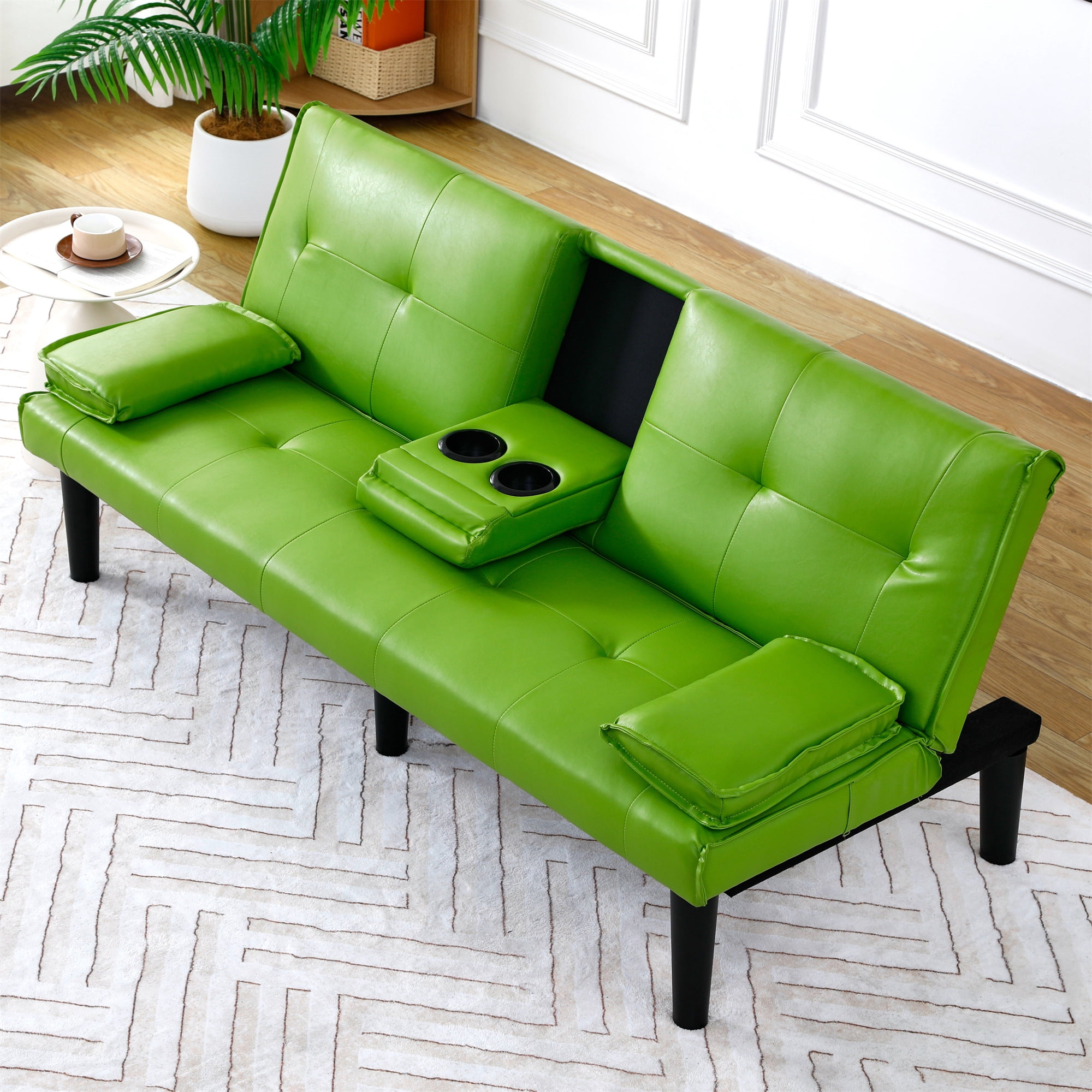 Aukfa Leather Futon Convertible Sofa Bed for Home Office, 2 Cup Holders&Pillows, Green
