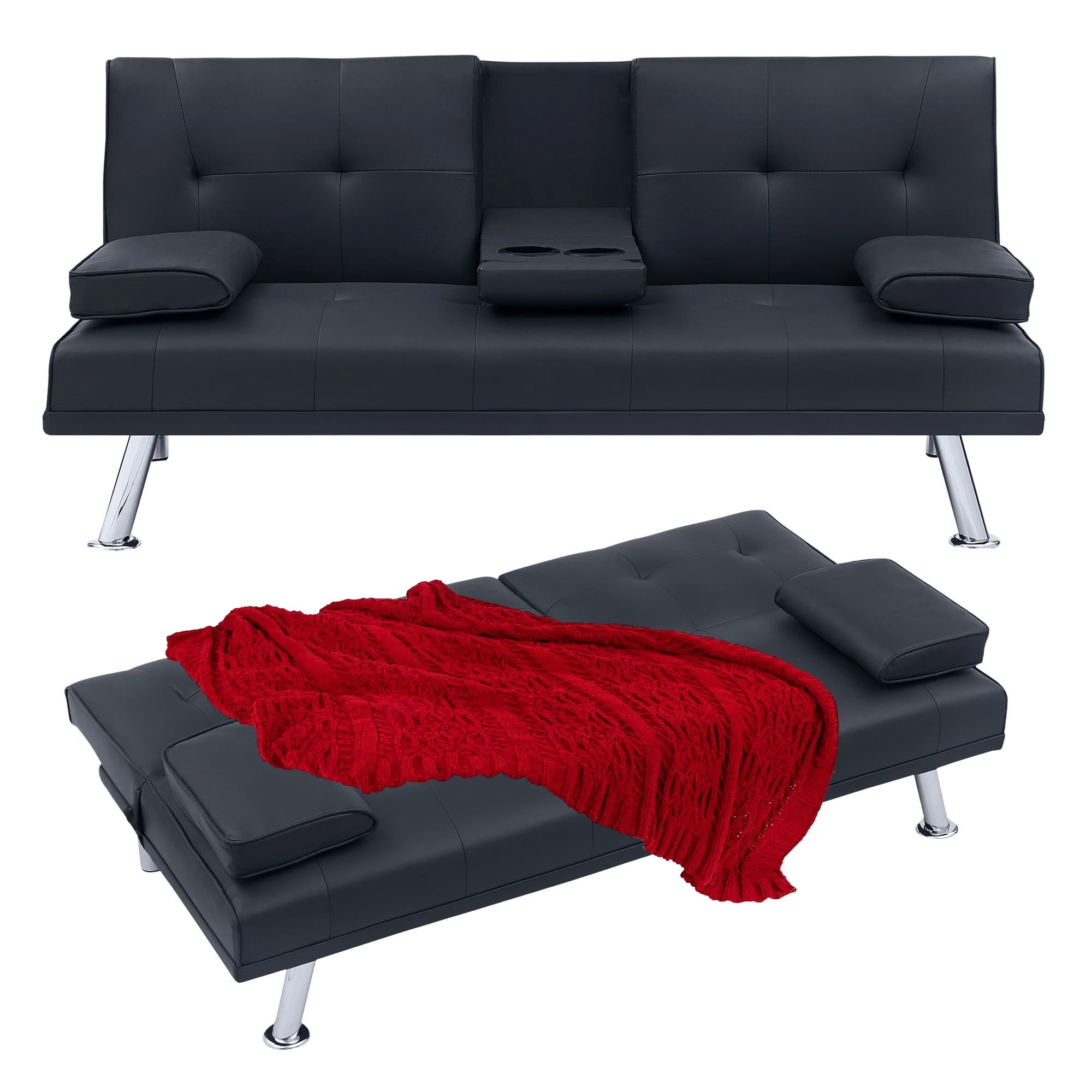 Aukfa Leather Futon Sofa Bed Modern Convertible Couch Folding Chaise with 2 Cup Holders, Black