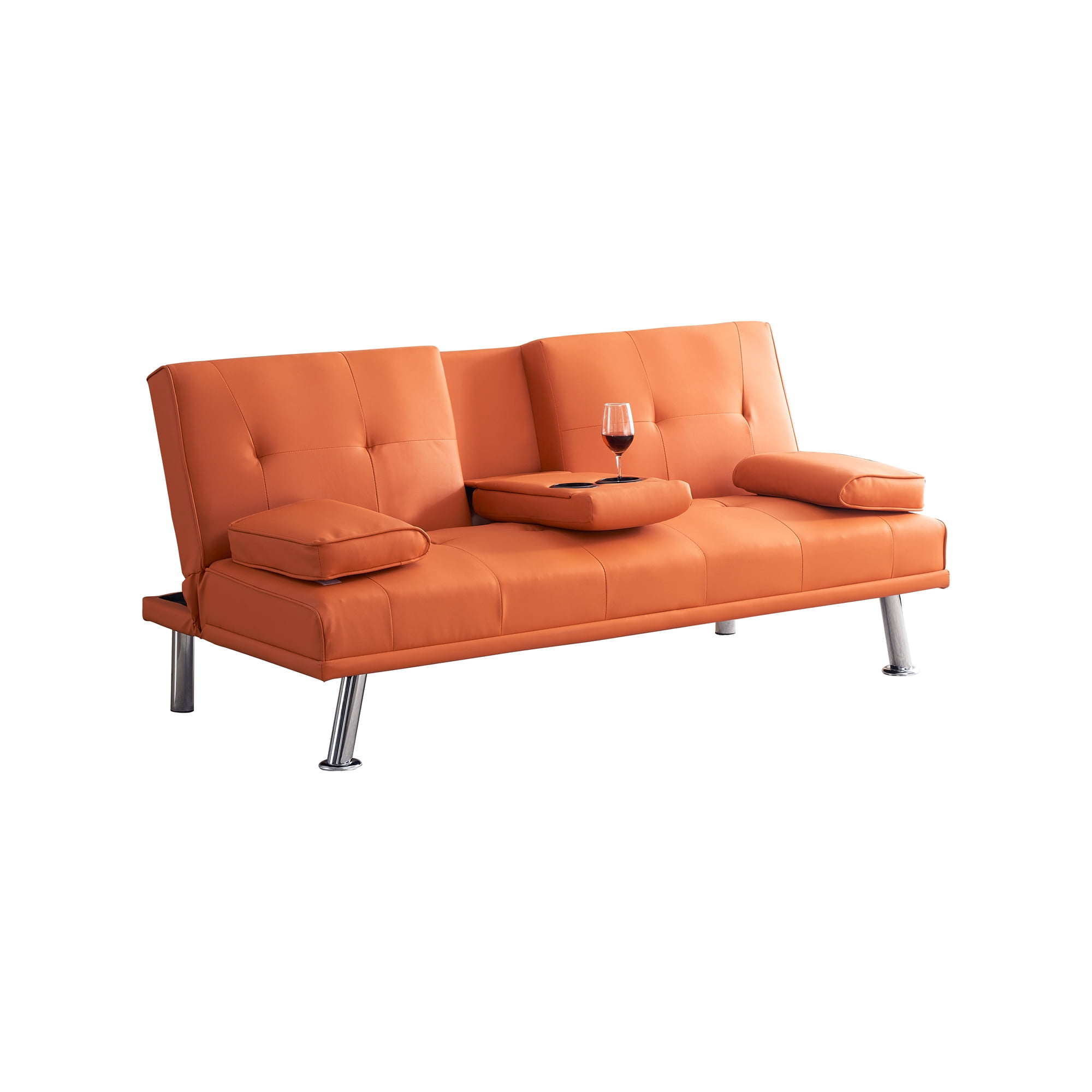 Aukfa Leather Futon Convertible Sofa Bed with 2 Cup Holders&Pillows, Twin Size, Orange