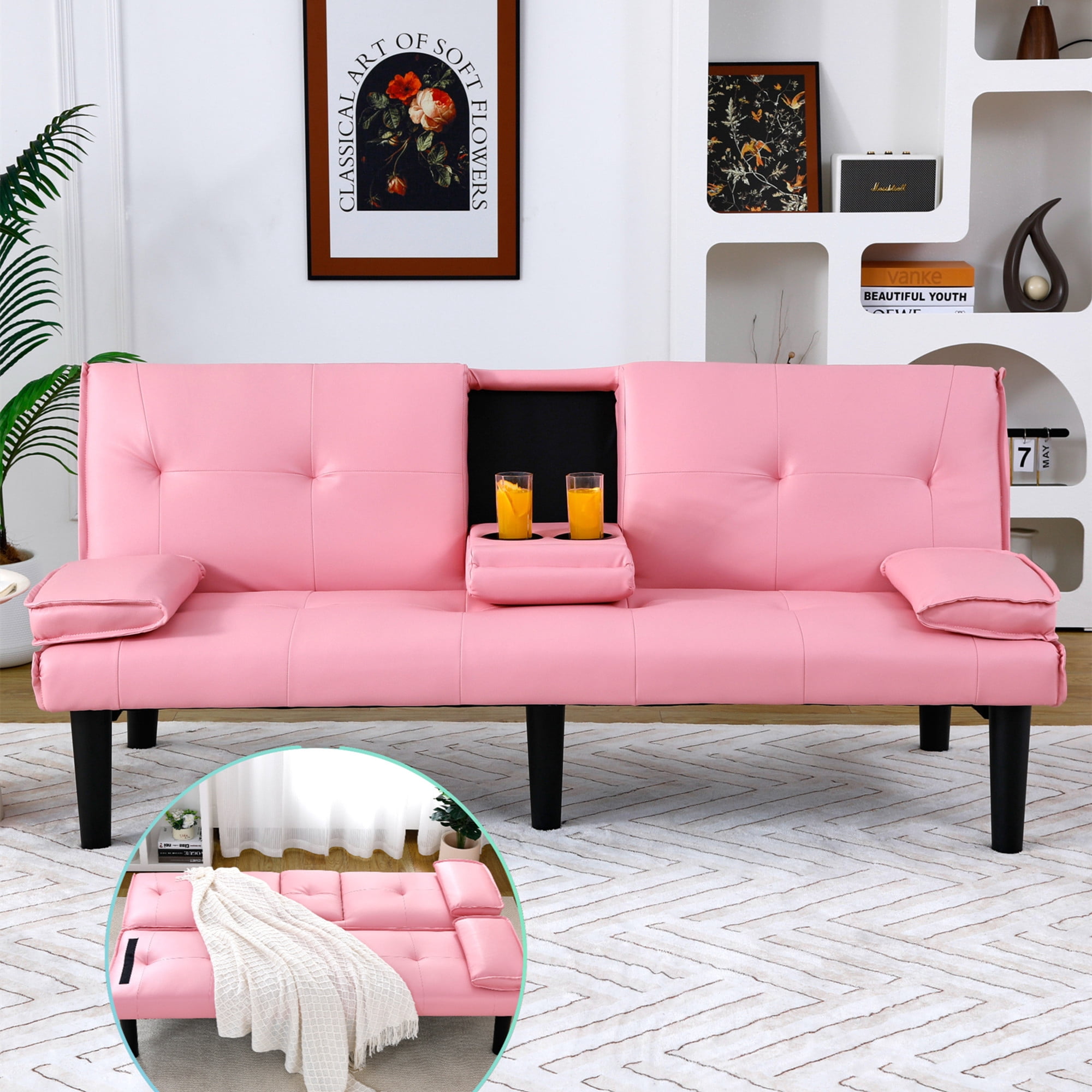 Aukfa Leather Futon Convertible Sofa Bed with 2 Cup Holders&Pillows, Twin Size, Pink