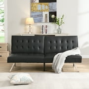 Aukfa Leather Futon Convertible Sofa for Home Office, Split Back, Space Save, Black