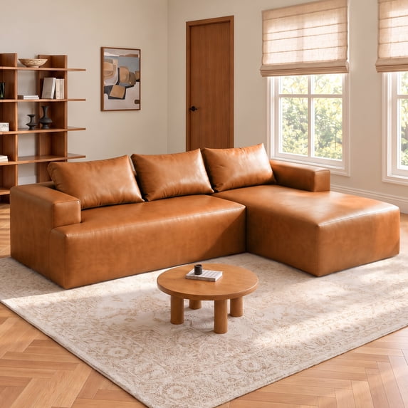 Aukfa Leather L-Shaped Sectional Sofa, Modular Boneless Couch with Right-Facing Chaise, Brown