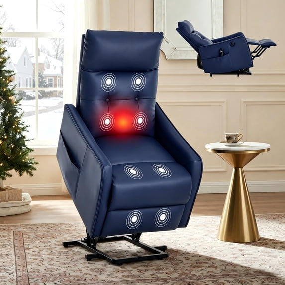 Aukfa Leather Power Lift Recliner Chair for Elderly, Single Motor Electric Chair with Massage, Heat & USB Charging Port, Blue