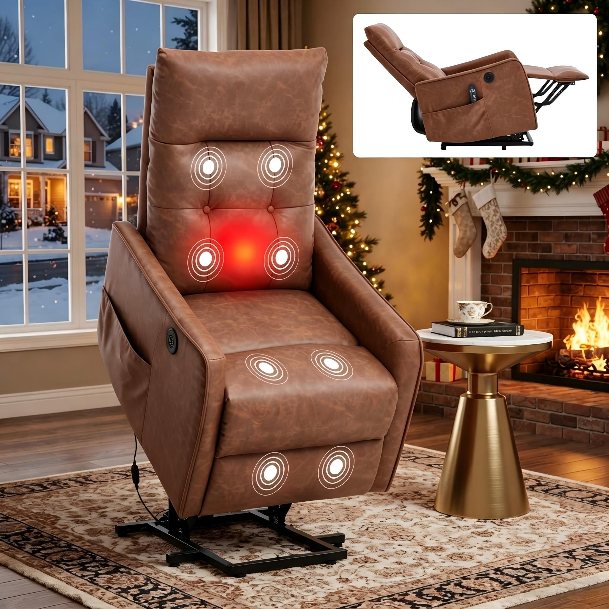 Aukfa Leather Power Lift Recliner Chair for Elderly, Single Motor Electric Chair with Massage, Heat & USB Charging Port, Brown