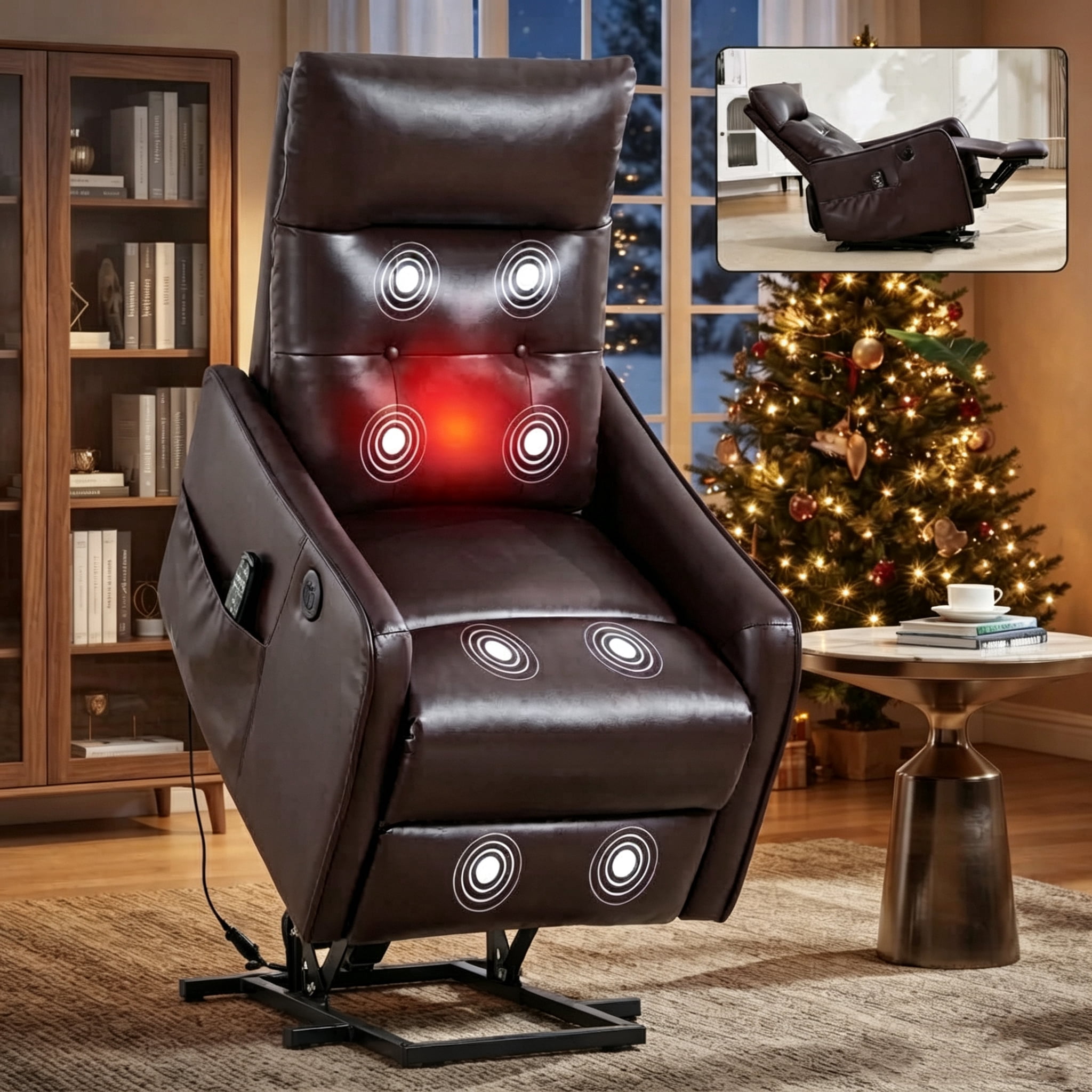 Aukfa Leather Power Lift Recliner Chair for Elderly, Single Motor Electric Chair with Massage, Heat & USB Charging Port, Dark Brown