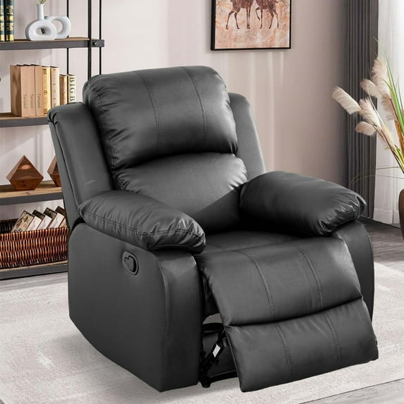 Aukfa Leather Recliner Chair Overstuffed Armchair Single Sofa w/ Lumbar Support for Living Room, Black