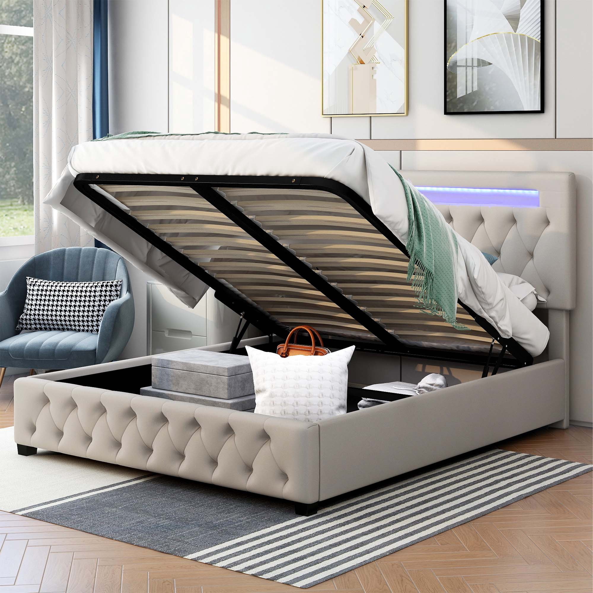 Aukfa Lift Up Upholstered Platform Bed with LED Light, Queen Size Bed with Hydraulic Storage System and Bluetooth Player, USB Charging - Beige