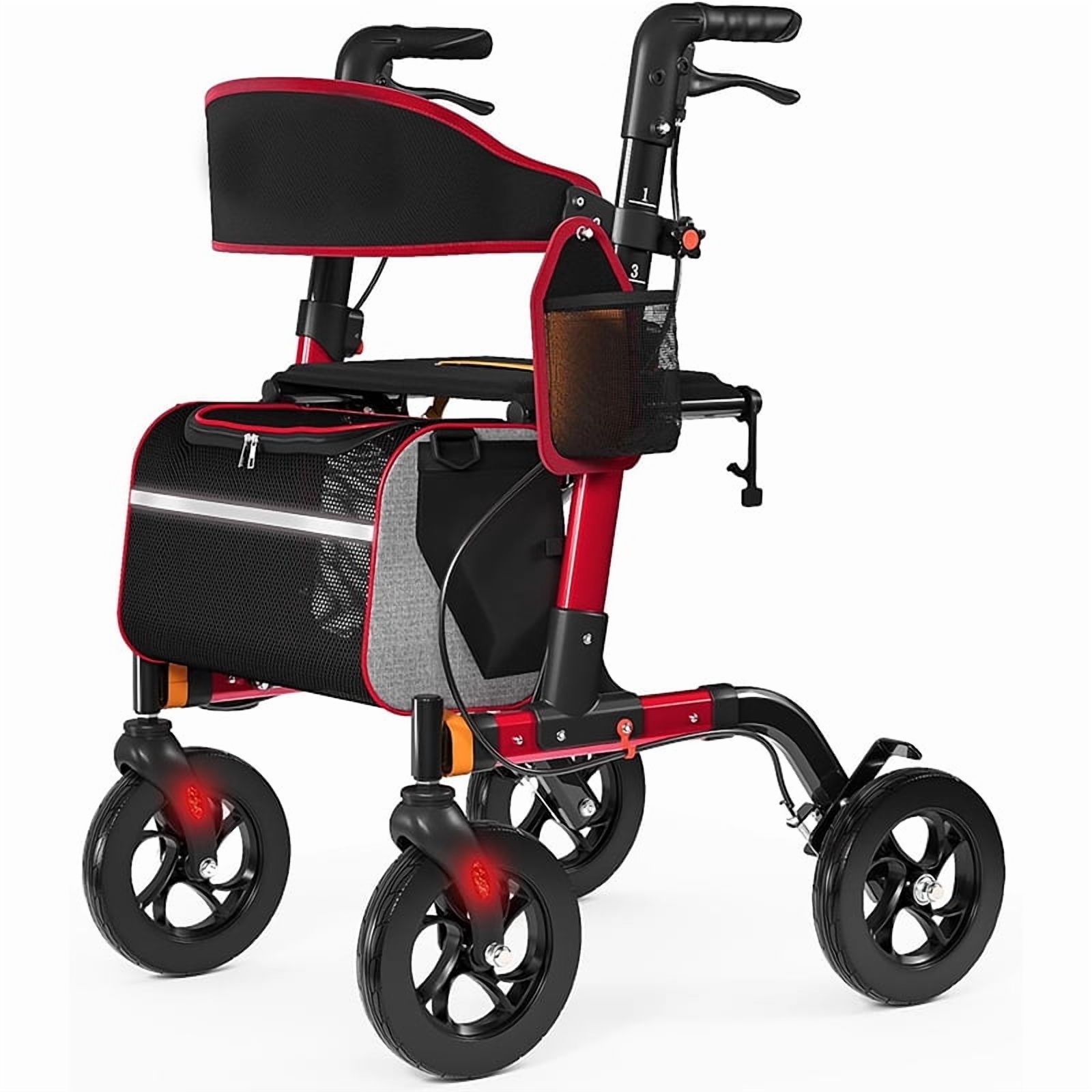 Aukfa Lightweight Rollator Walker with Seat,8" Big Wheels All Terrain Rolling Walker for Seniors,350 lbs Capacity, Red