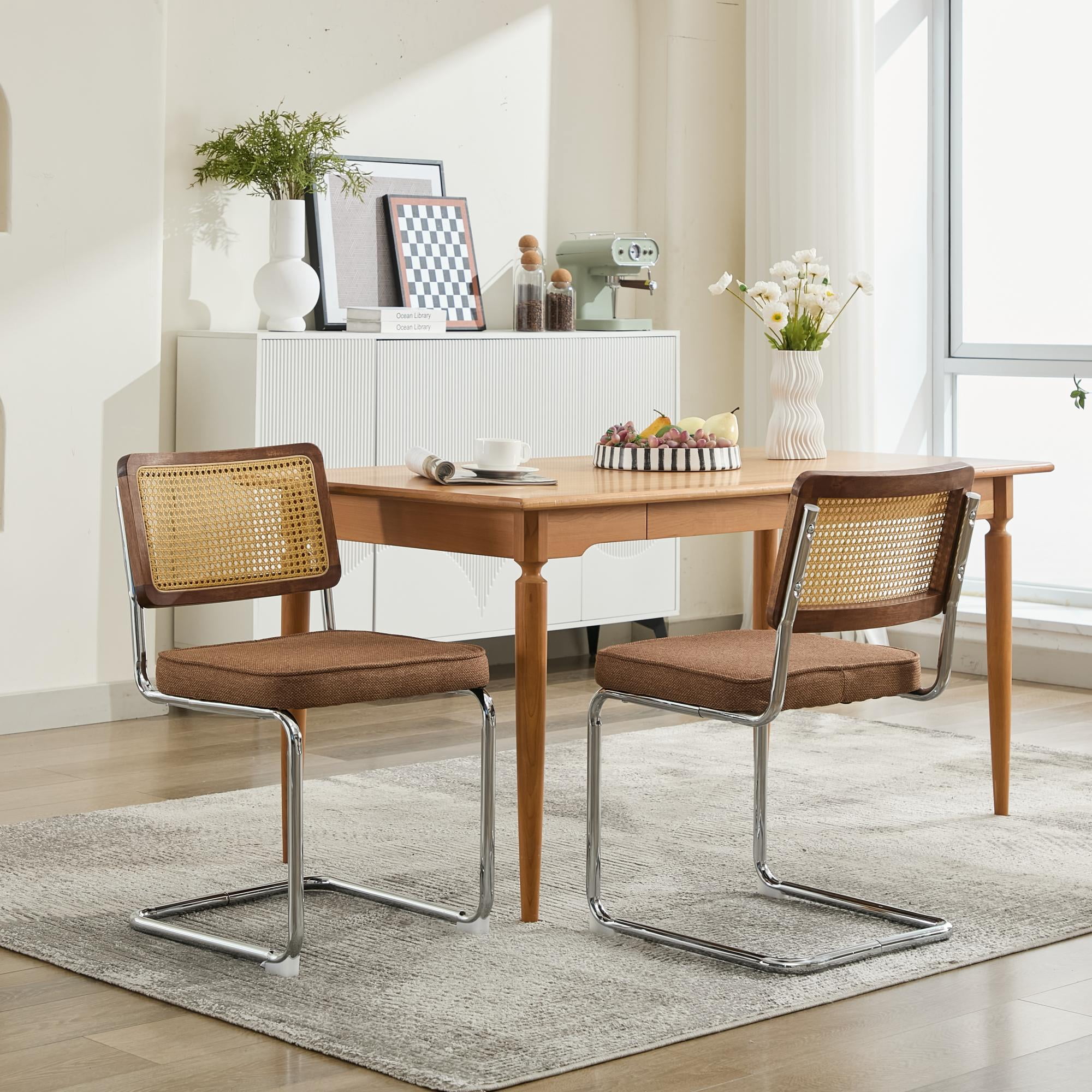 Aukfa Linen Dining Chair Set of 2, Cantilever Upholstered Kitchen Side Chairs Accent Chair with Rattan Back & Stainless Chrome BaseCoffee
