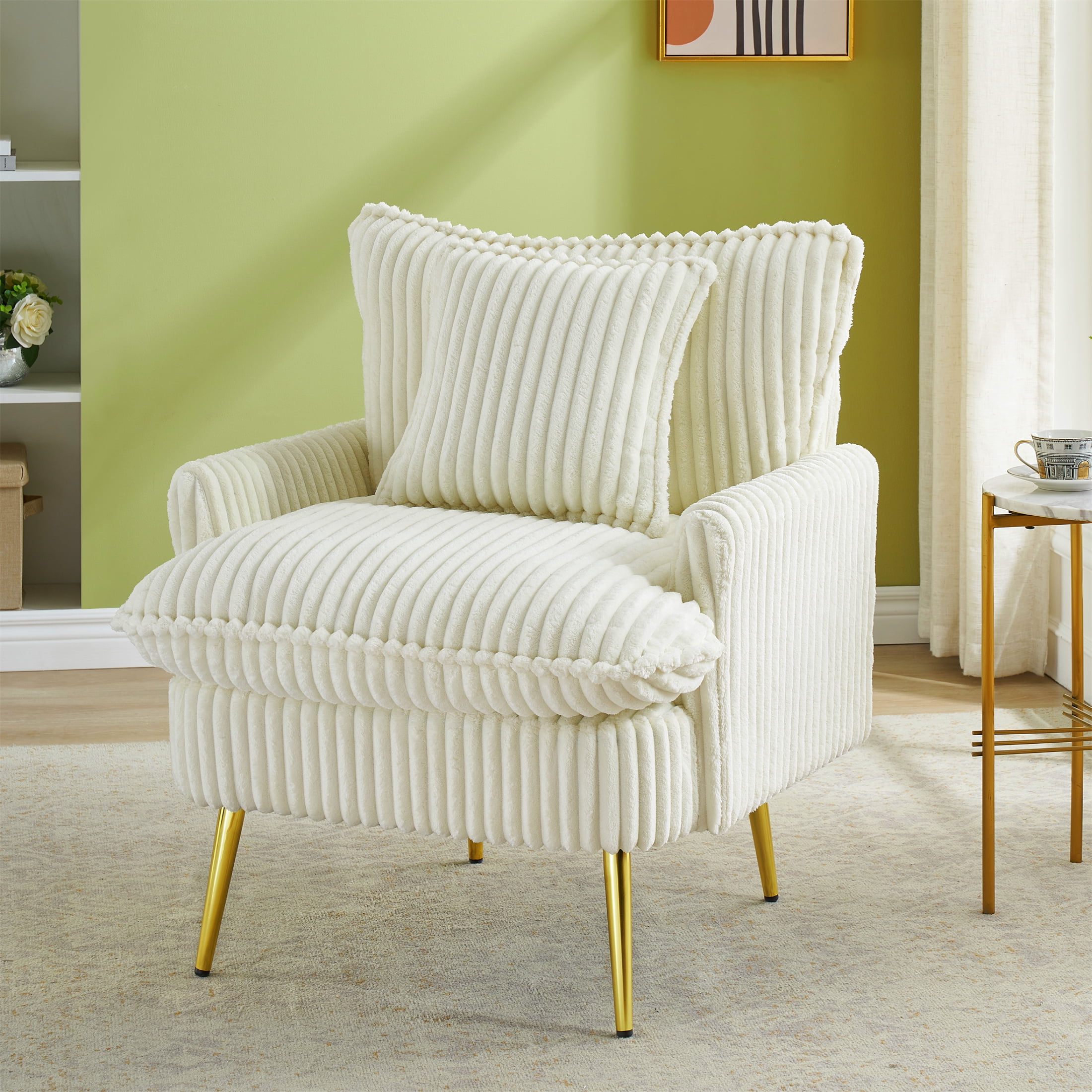 Aukfa Living Room Accent Chairs,Modern Upholstered Sofa Chair w/ Pillow for Bedroom, White