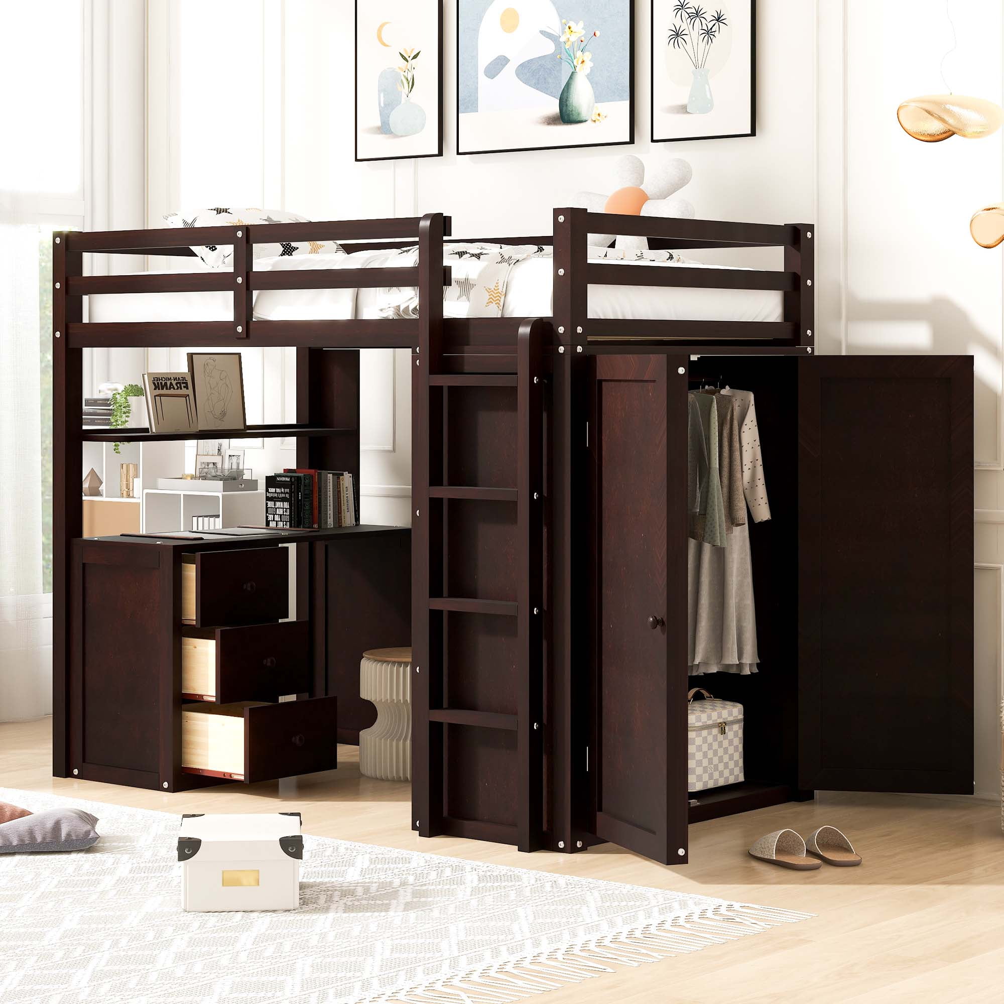 Aukfa Loft Bed with Wardrobe and Drawers Kids Solid Wood Twin Bed with Desk Espresso