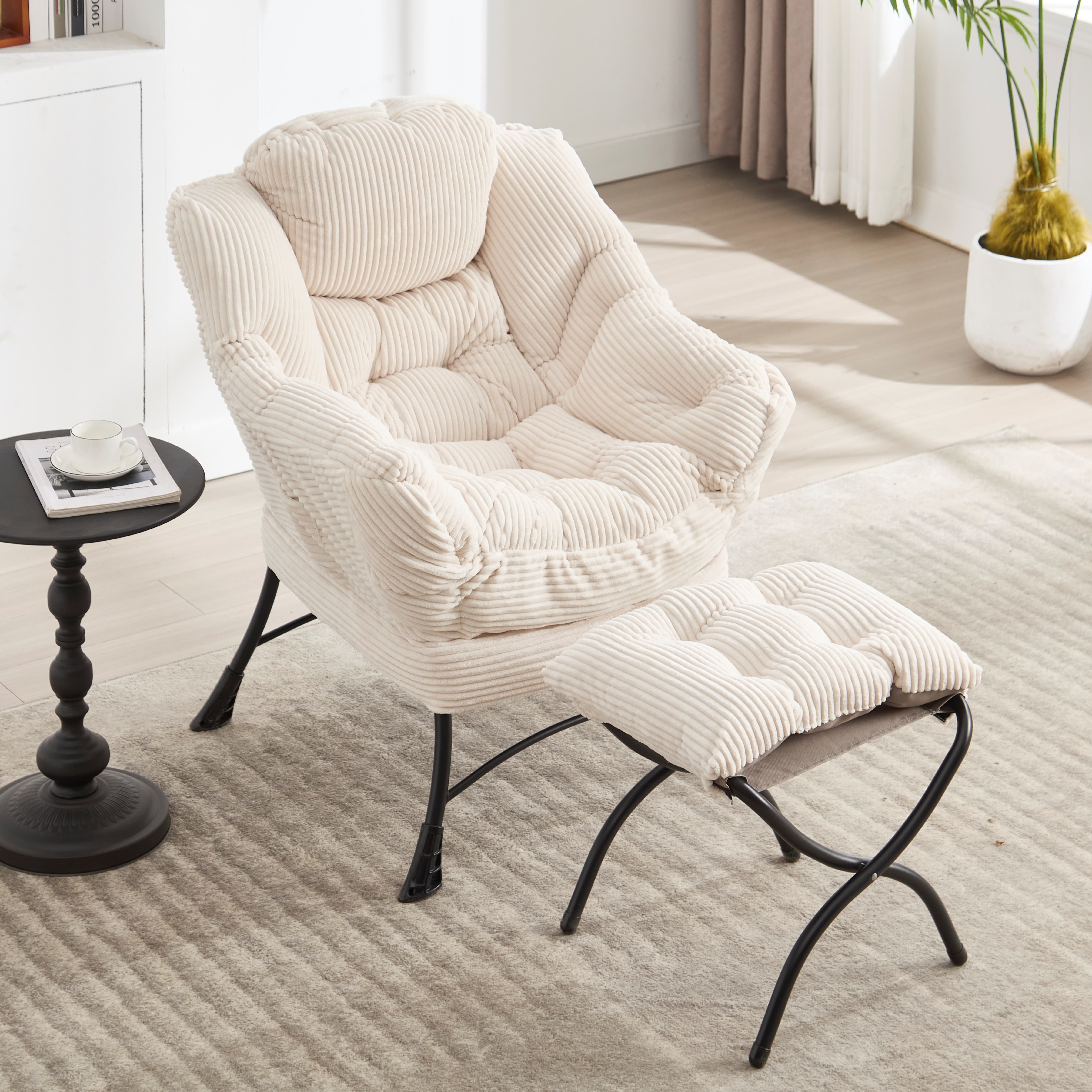 Aukfa Lounge Accent Chair with Ottoman, Lazy Chair Armchair Upholstered Sofa Chair,White‘