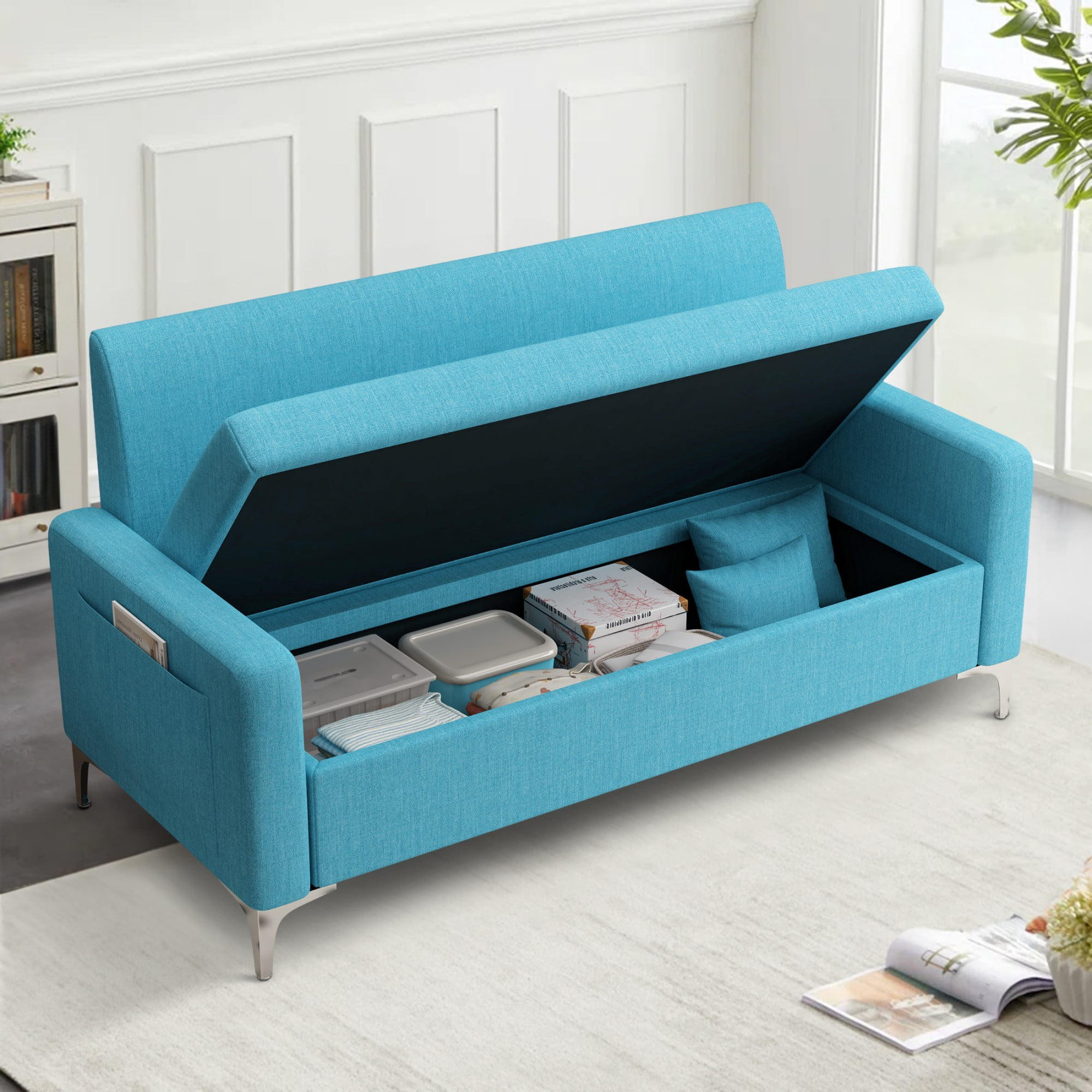 Aukfa Loveseat Sofa Couch with Storage Underneath, Small Couch for Bedroom, Living Room, Dorm, Blue