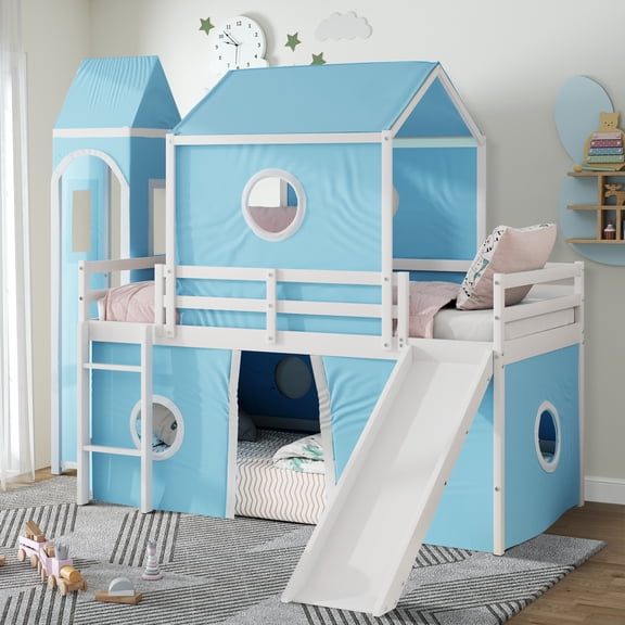 Aukfa Low Loft Bed with Slide - Twin Size Castle Bed with Tent for Kids - Blue