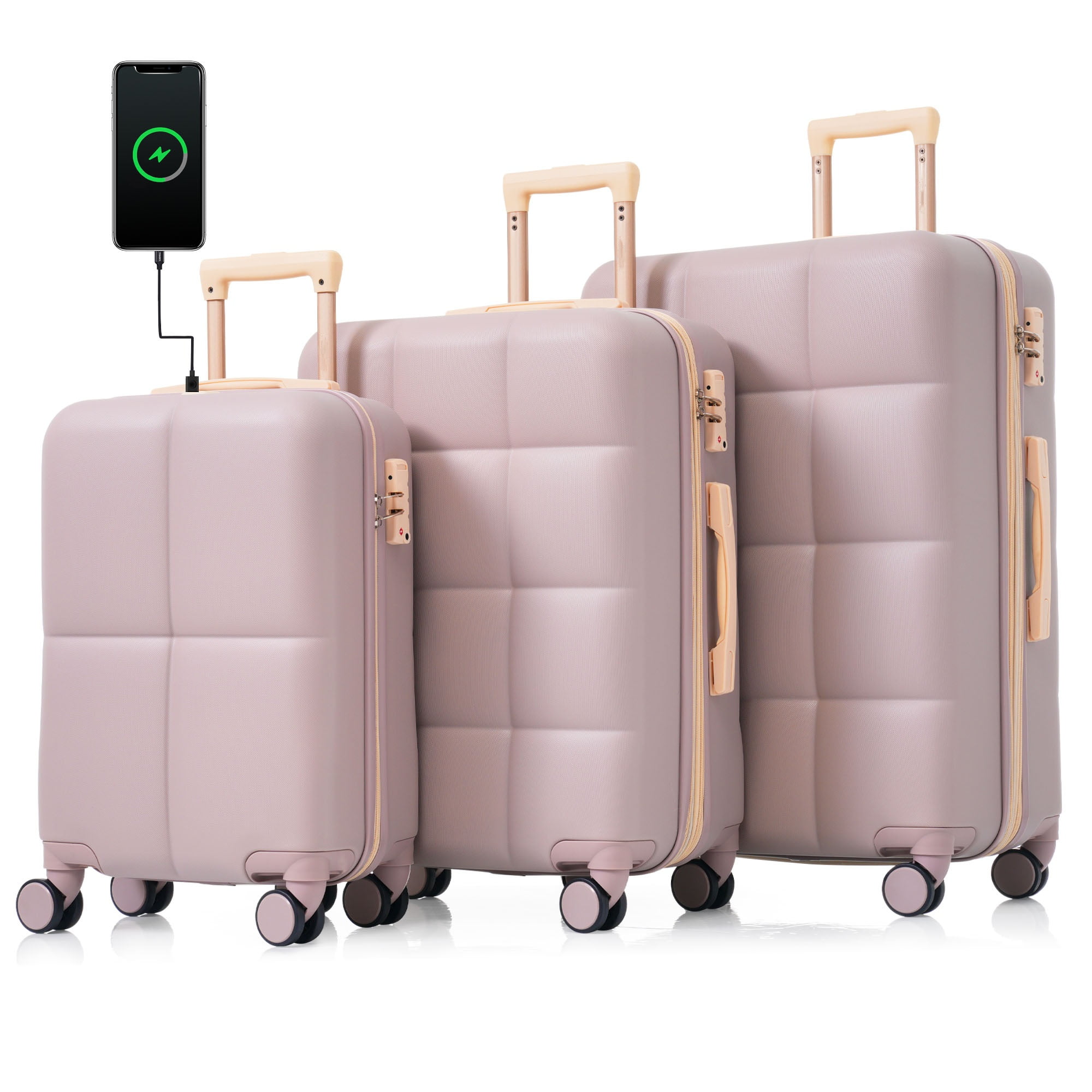 Aukfa Luggage Set, 3 Piece Expandable Hardshell Suitcase with USB Port and Cup Holders, Spinner Wheels, Blush