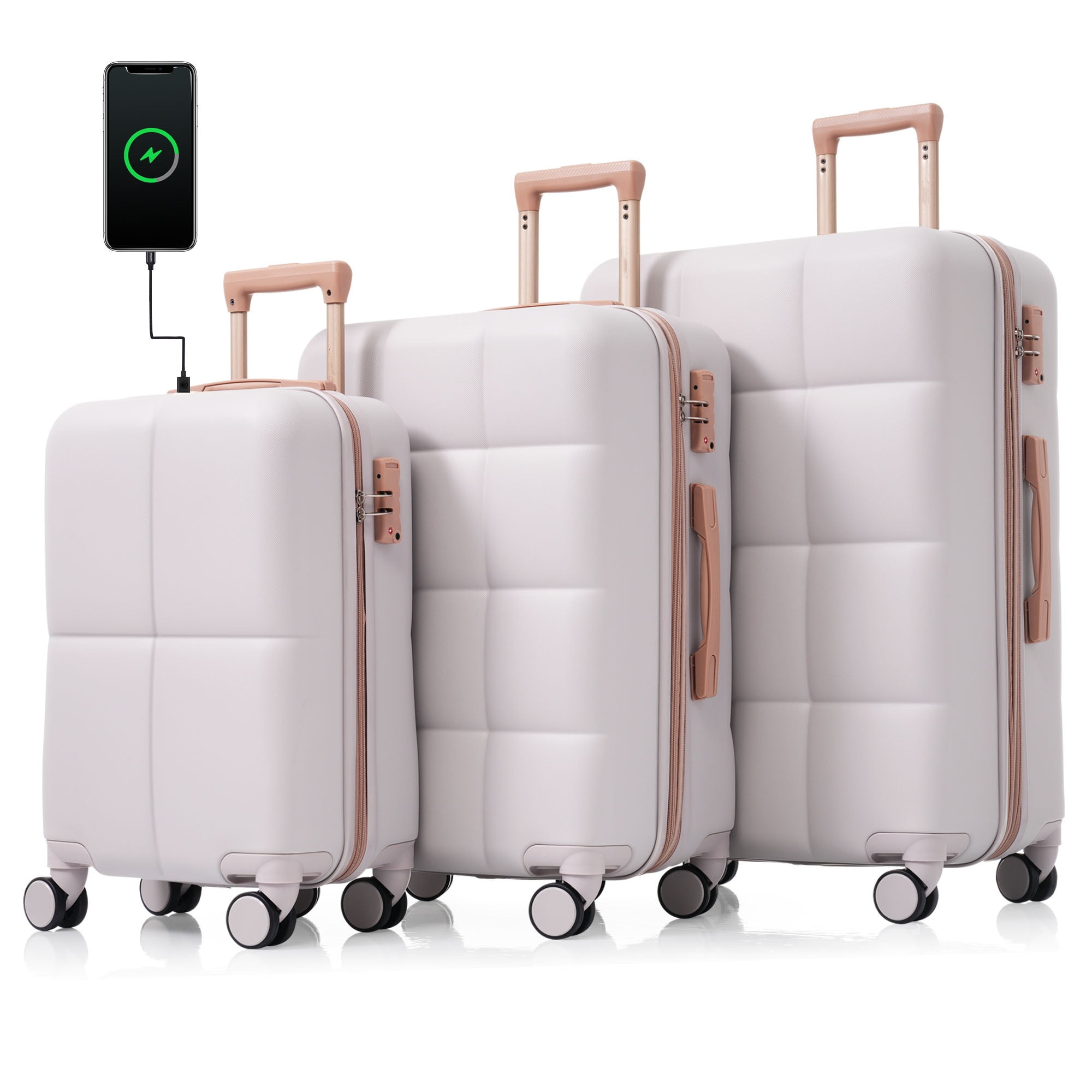 Aukfa Luggage Set, 3 Piece Expandable Hardshell Suitcase with USB Port and Cup Holders, Spinner Wheels, Ivory