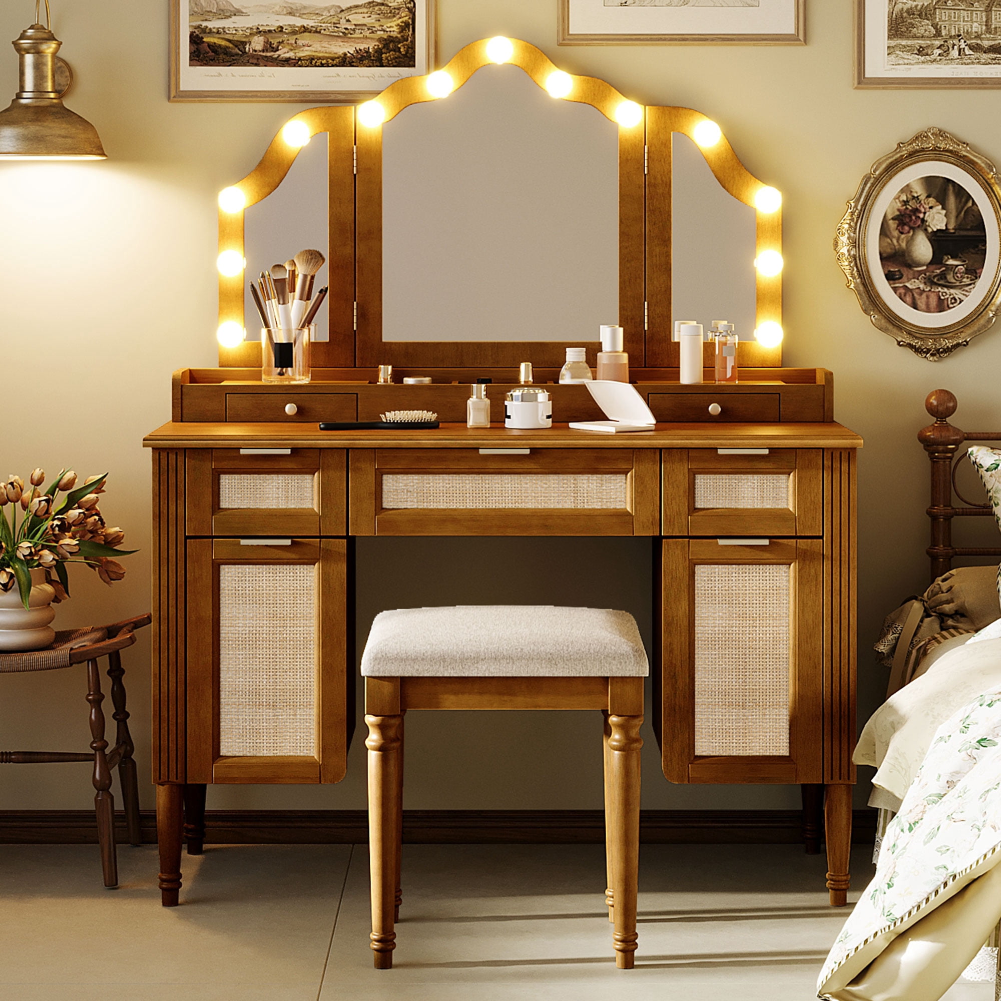 Aukfa Luxury Makeup Vanity Set with Tri-Fold Mirror & Lights, Large Vanity Desk with 5 Drawers, Tool and Built-In Outlets,Espresso