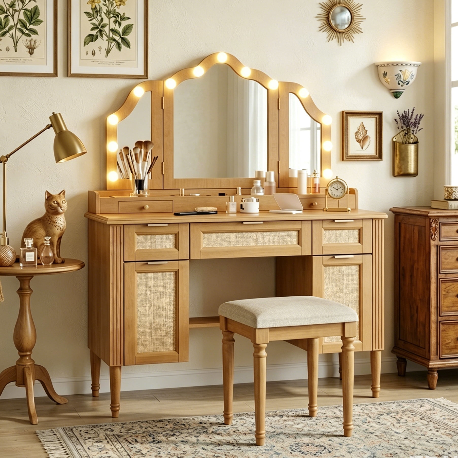 Aukfa Luxury Makeup Vanity Set with Tri-Fold Mirror & Lights, Large Vanity Desk with 5 Drawers, Tool and Built-In Outlets,Natural