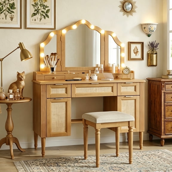Aukfa Luxury Makeup Vanity Set with Tri-Fold Mirror & Lights, Large Vanity Desk with 5 Drawers, Tool and Built-In Outlets,Natural