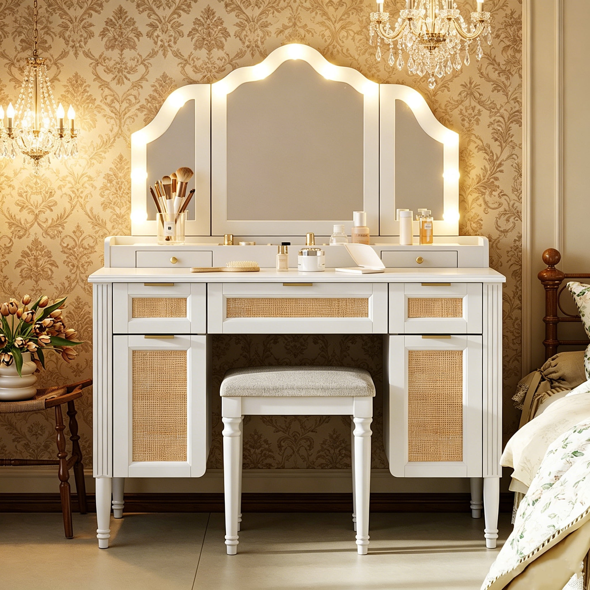 Aukfa Luxury Makeup Vanity Set with Tri-Fold Mirror & Lights, Large Vanity Desk with 5 Drawers, Tool and Built-In Outlets,White
