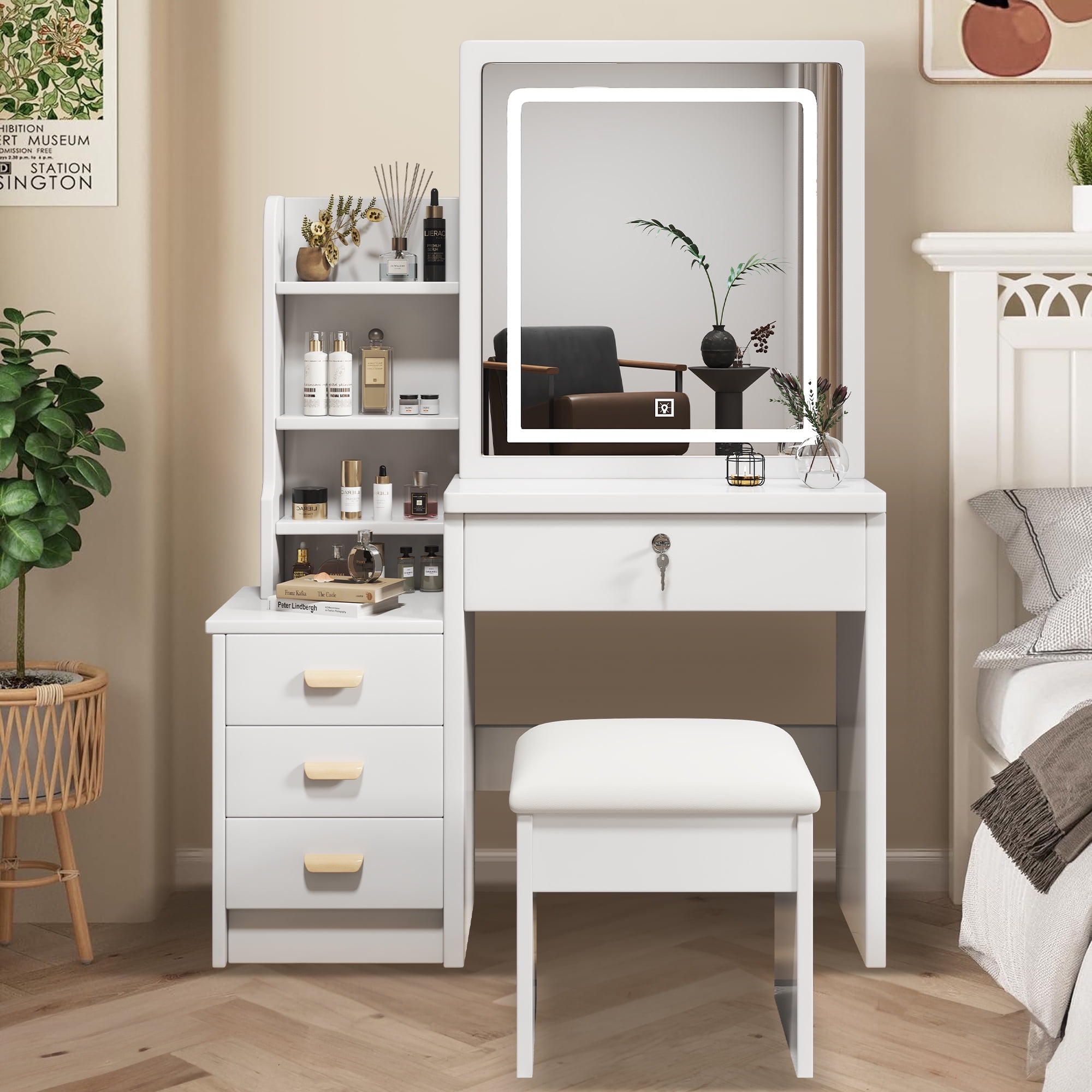 Aukfa Makeup Vanity Desk with Mirror and Lights, Vanity Table Set, White