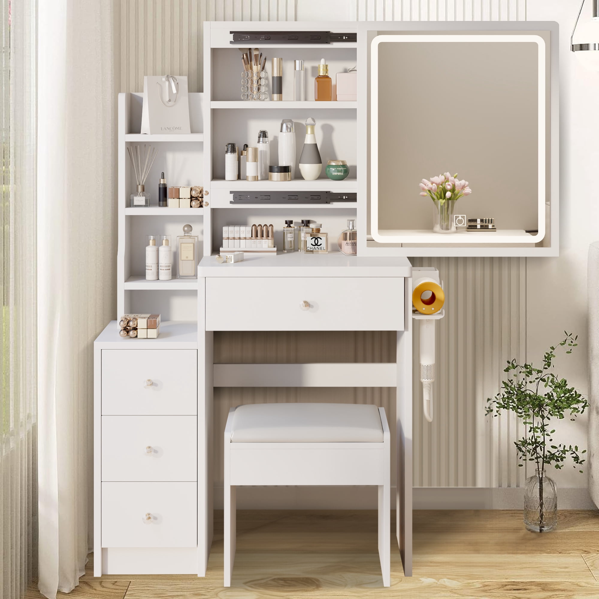 Aukfa Makeup Vanity Set Dressing Vanity Table with Lights Mirror & Power Outlet for Girls - White