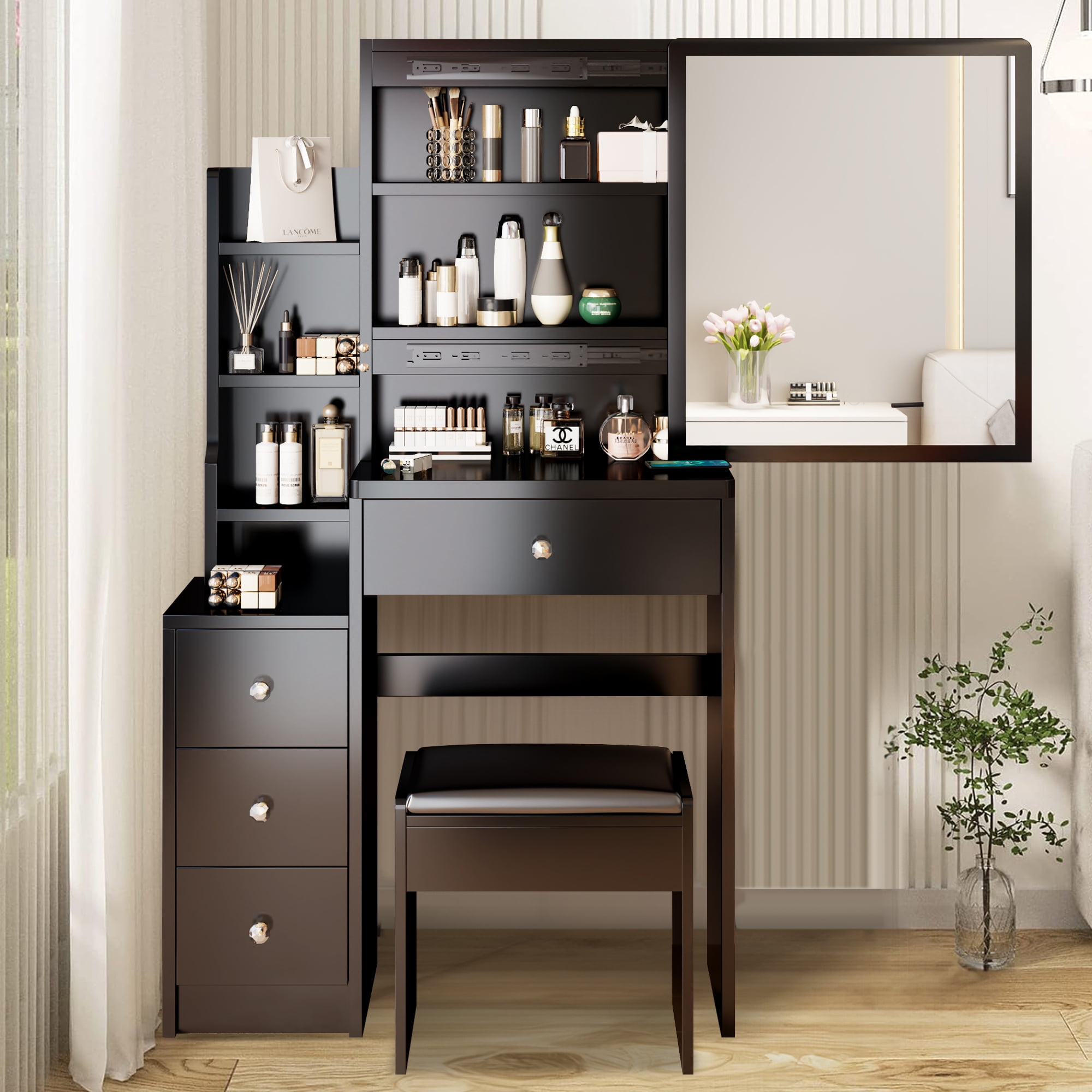 Aukfa Girls Functional Soft-Close Drawer Mirror Table Set Black-A